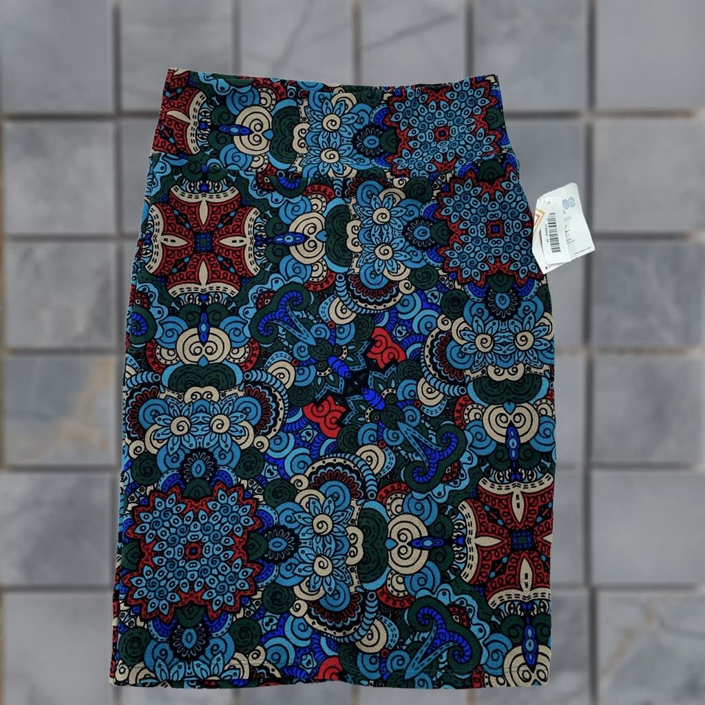 Vintage LuLaRoe Cassie Skirt Womens M Blue Red Multi Print Knit Pencil Elastic Waist Stretch USA Geometric Knee Length Vintage? Size 32" / US 10 / IT 46 - 1 Thumbnail