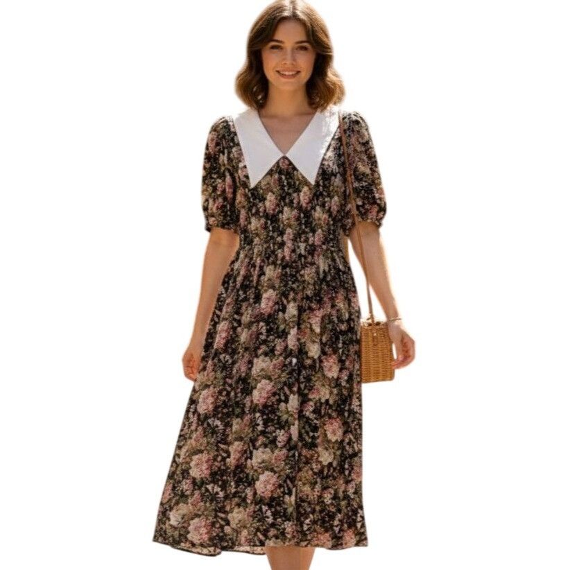 Other En Saison Dark Floral Collar Smocked Dress Size M Short Slv Size M / US 6-8 / IT 42-44 - 1 Thumbnail
