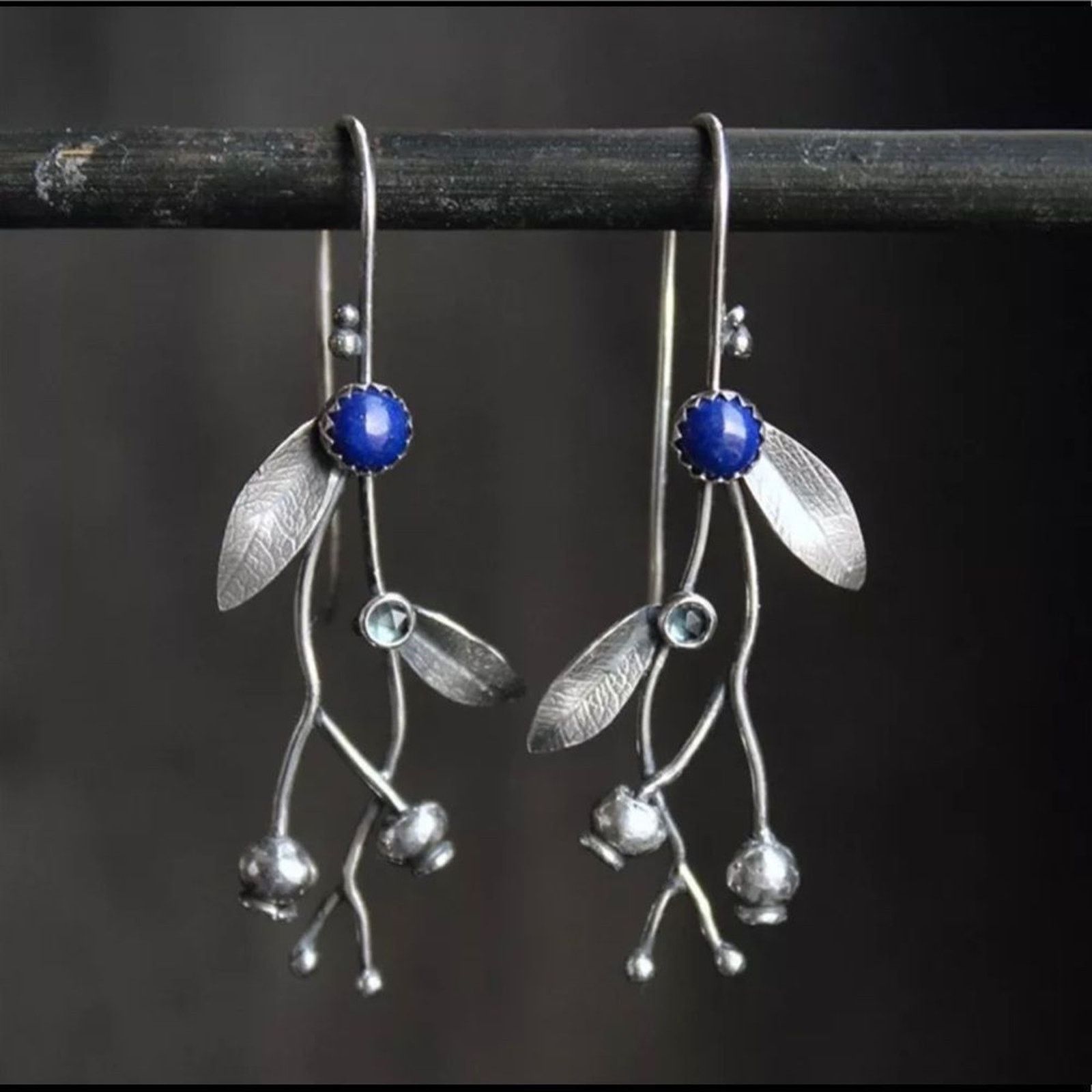Other Retro Bohemian Flower Branch Inlaid Blue Stone Earrings Size ONE SIZE - 1 Thumbnail
