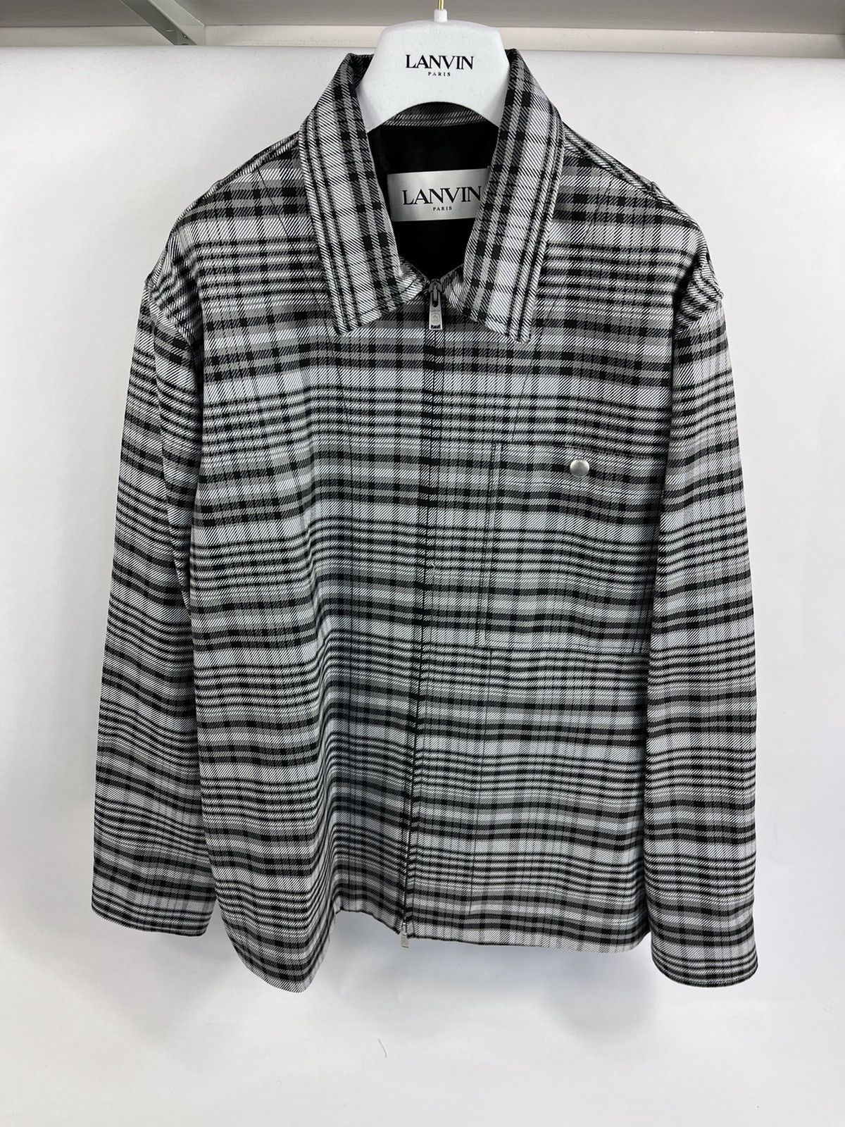 image of Lanvin Zip Up Checked Oversized Jacket in Black Gray, Men's (Size Small)