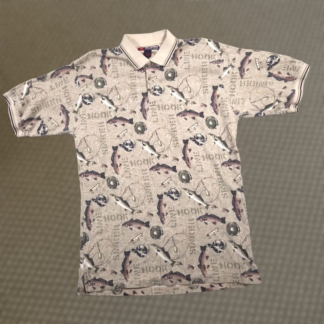 Vintage Reel Legends Polo Shirt Mens XL Beige Fishing Graphic Allover Print Cotton Size US XL / EU 56 / 4 - 1 Thumbnail