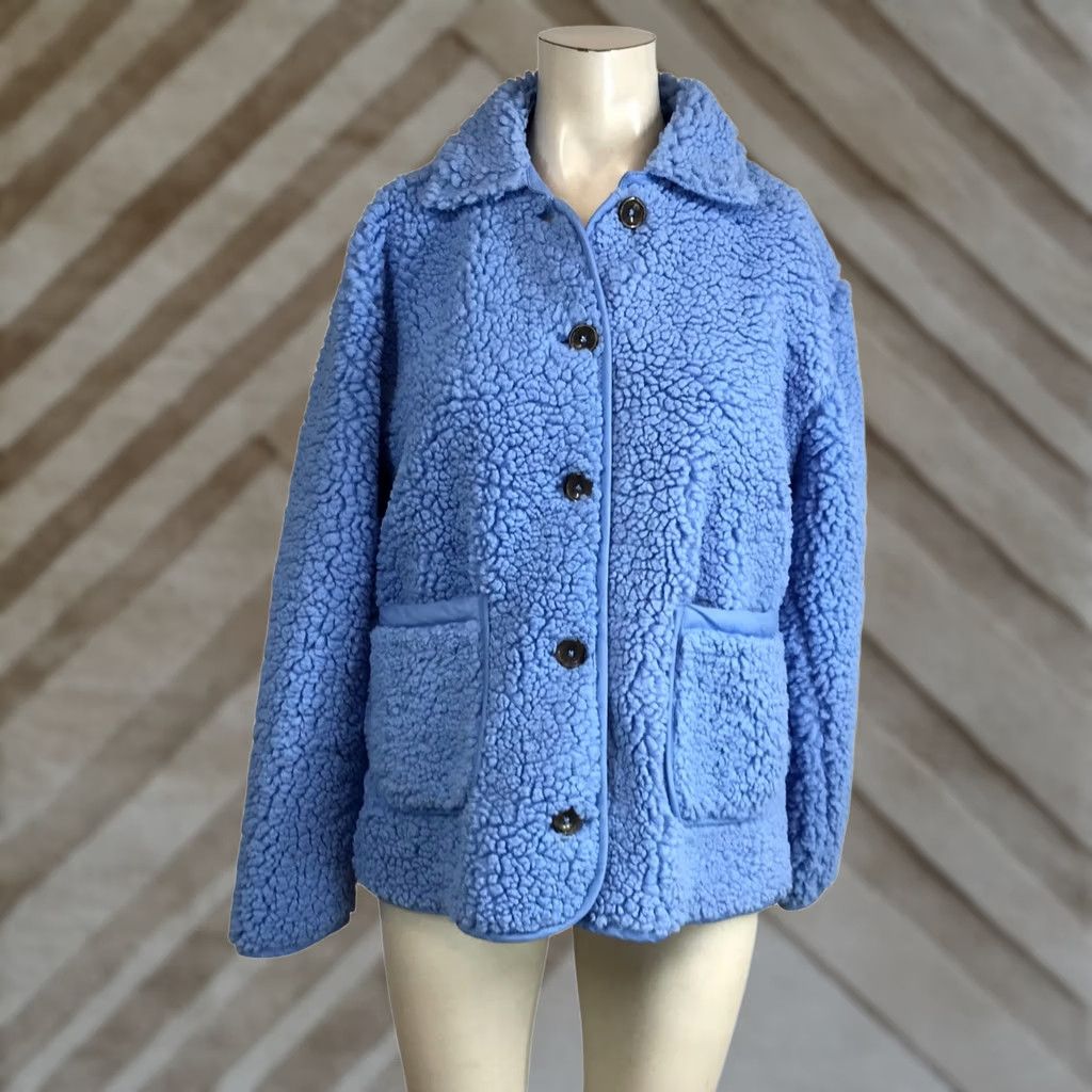 J.Crew J.Crew Womens XS Periwinkle Blue Faux Fur Sherpa Teddy Jacket Coat Button Front Front Patch Pockets Casual Fall Winter Size XS / US 0-2 / IT 36-38 - 1 Thumbnail