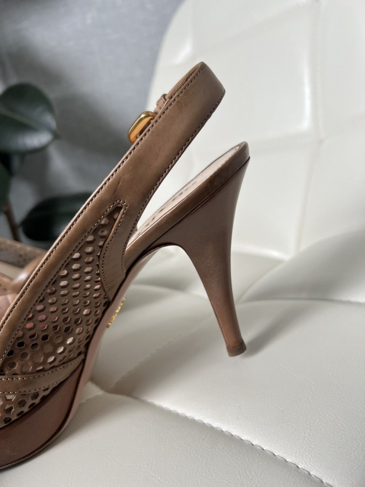 Prada Prada Brown Leather Cutout Peep Toe Slingback Platform Heels Size US 7.5 / IT 37.5 - 14 Thumbnail