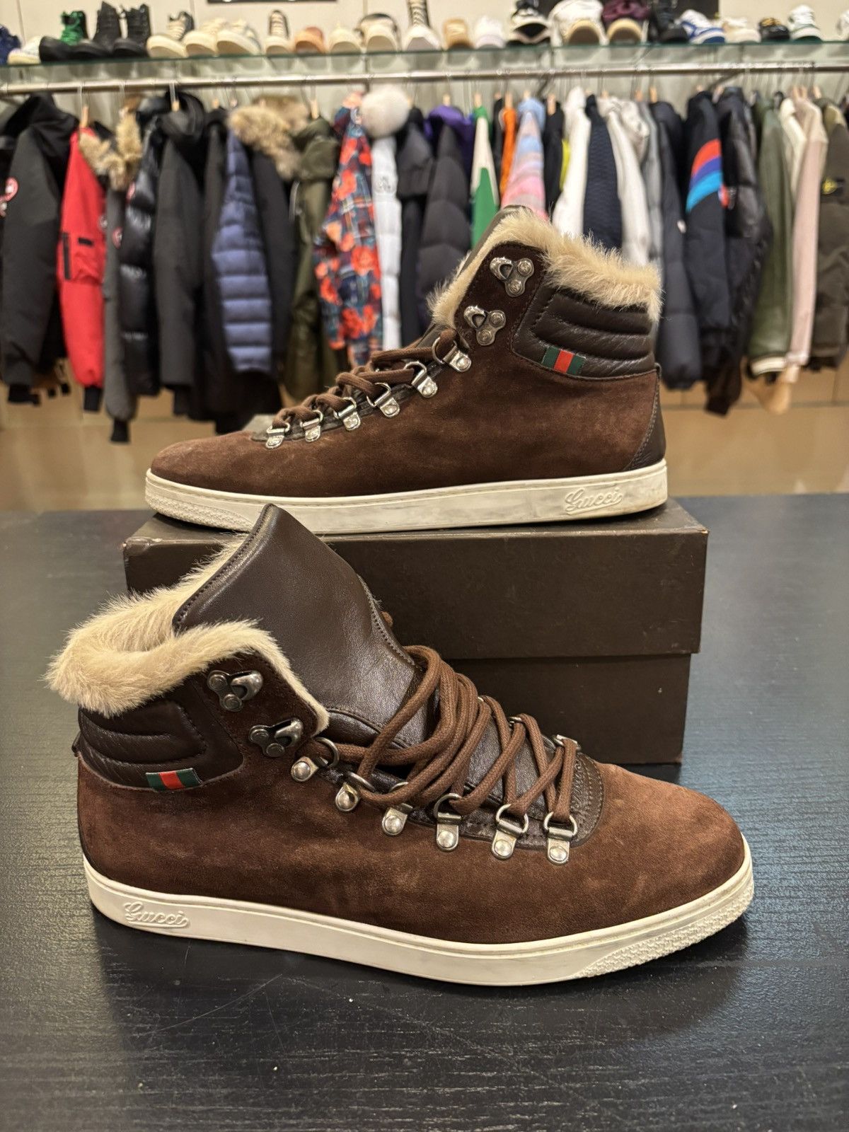 Gucci Brown Suede High Top Fur Sneakers