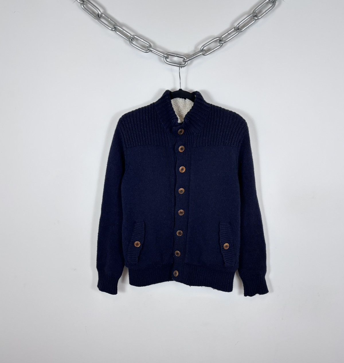 Hartford Men’s Navy Blue Sherpa Lined Wool Cardigan Jacket