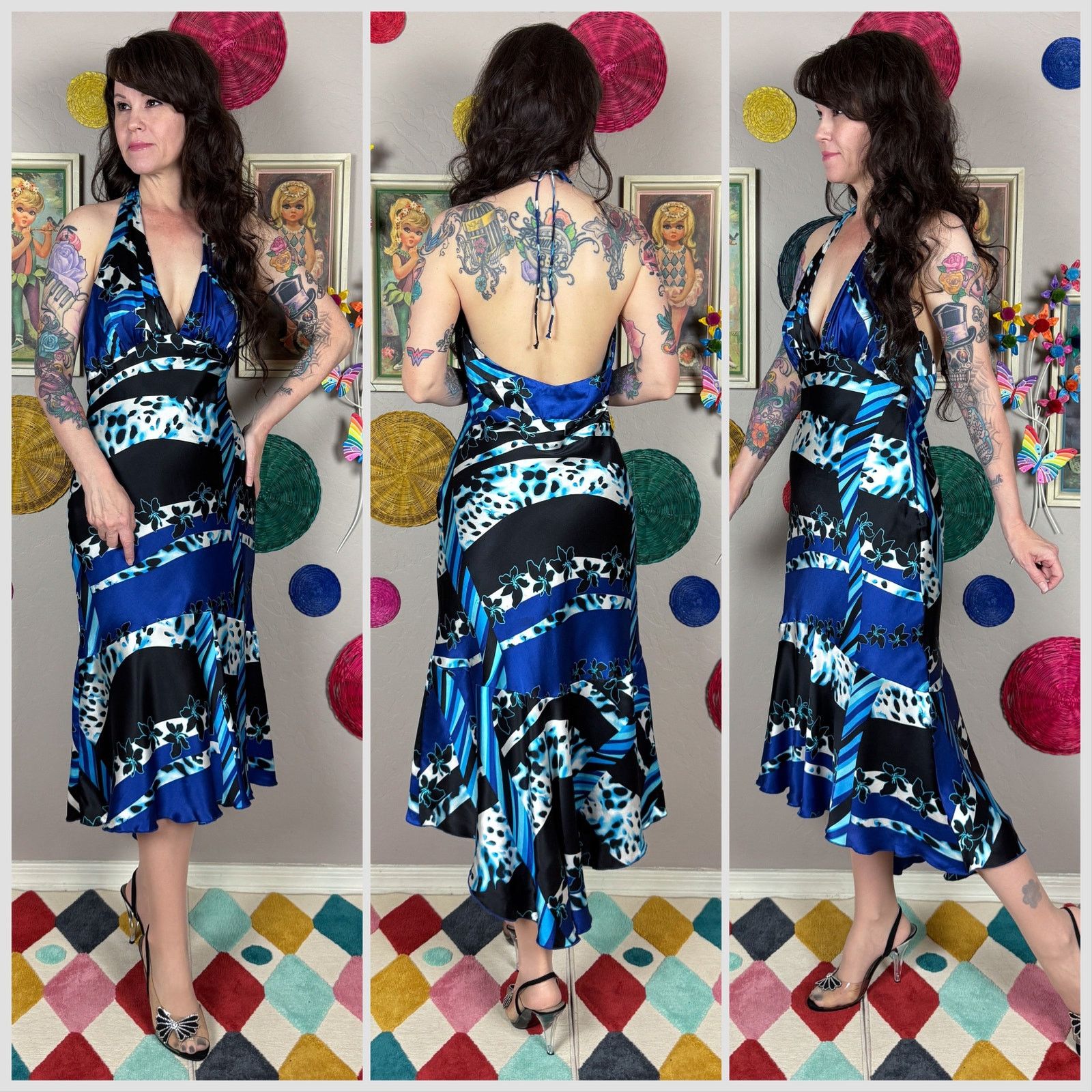Vintage 1990s Blue & Black Abstract Print Silk Backless Halter Dress Size M / US 6-8 / IT 42-44 - 2 Thumbnail