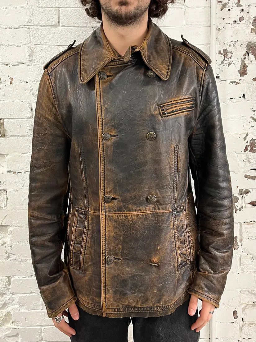 Dolce & Gabbana AW2001 Dolce & Gabbana Brown Eroded Leather Officer Buttoned Jacket Size US M / EU 48-50 / 2 - 1 Thumbnail