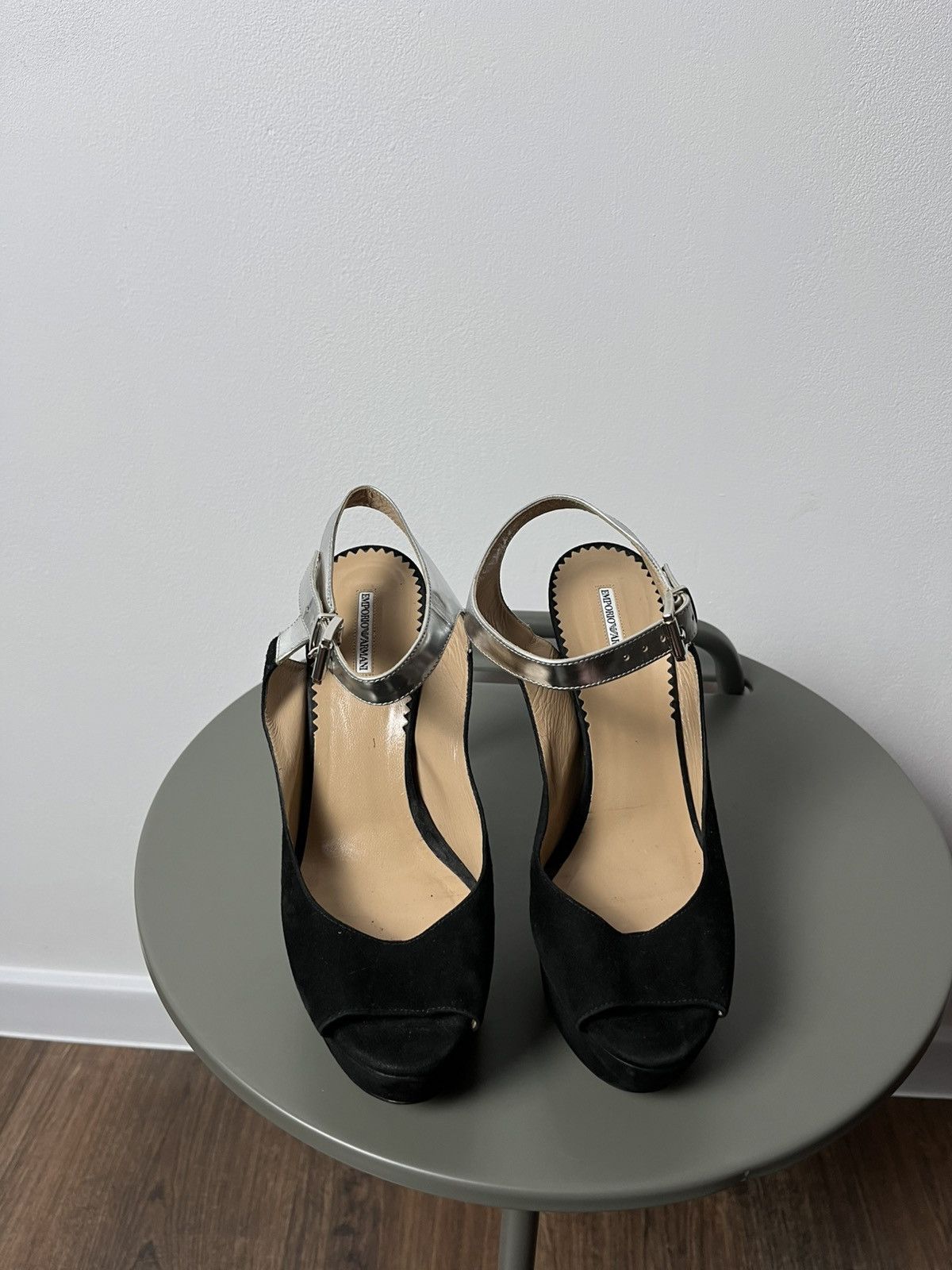 Emporio Armani Emporio Armani Black Suede Peep Toe Heels with Silver Straps Size US 6 / IT 36 - 2 Thumbnail