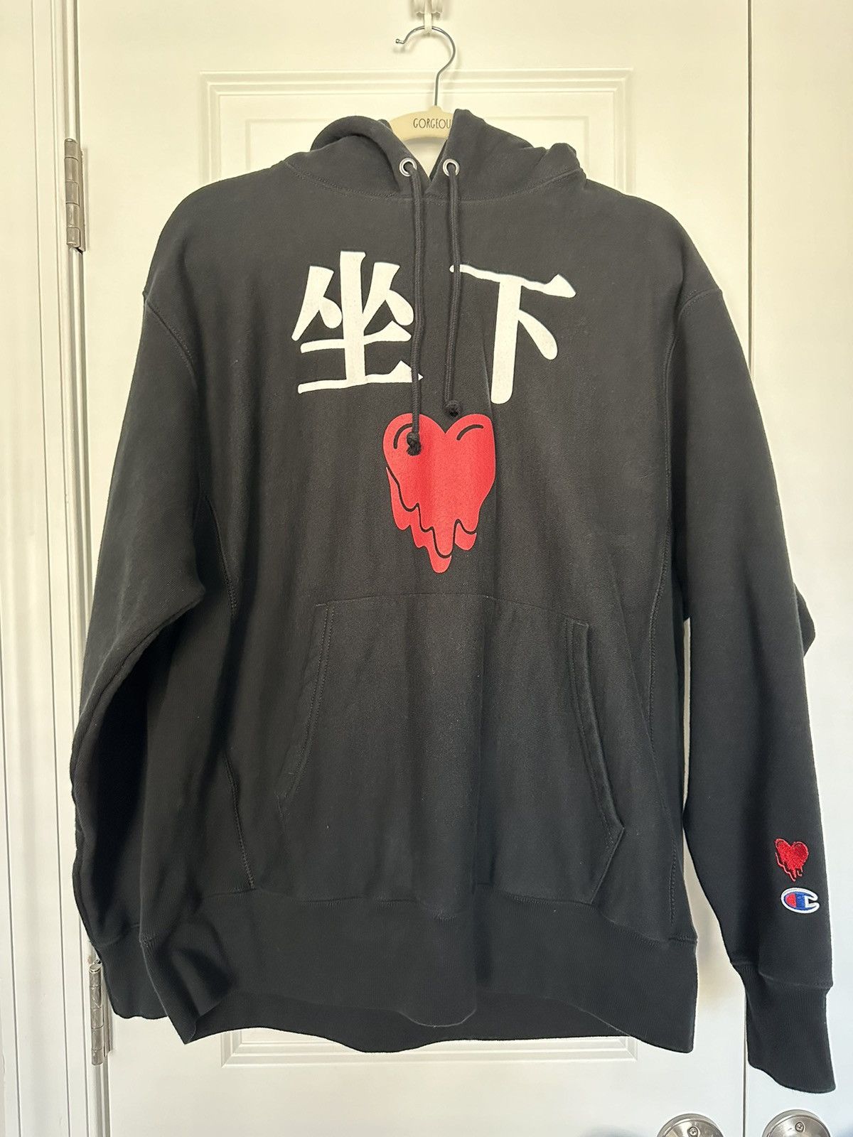 image of Emotional Unavailable X Champion Heart Hoodie in Black, Men's (Size Large)