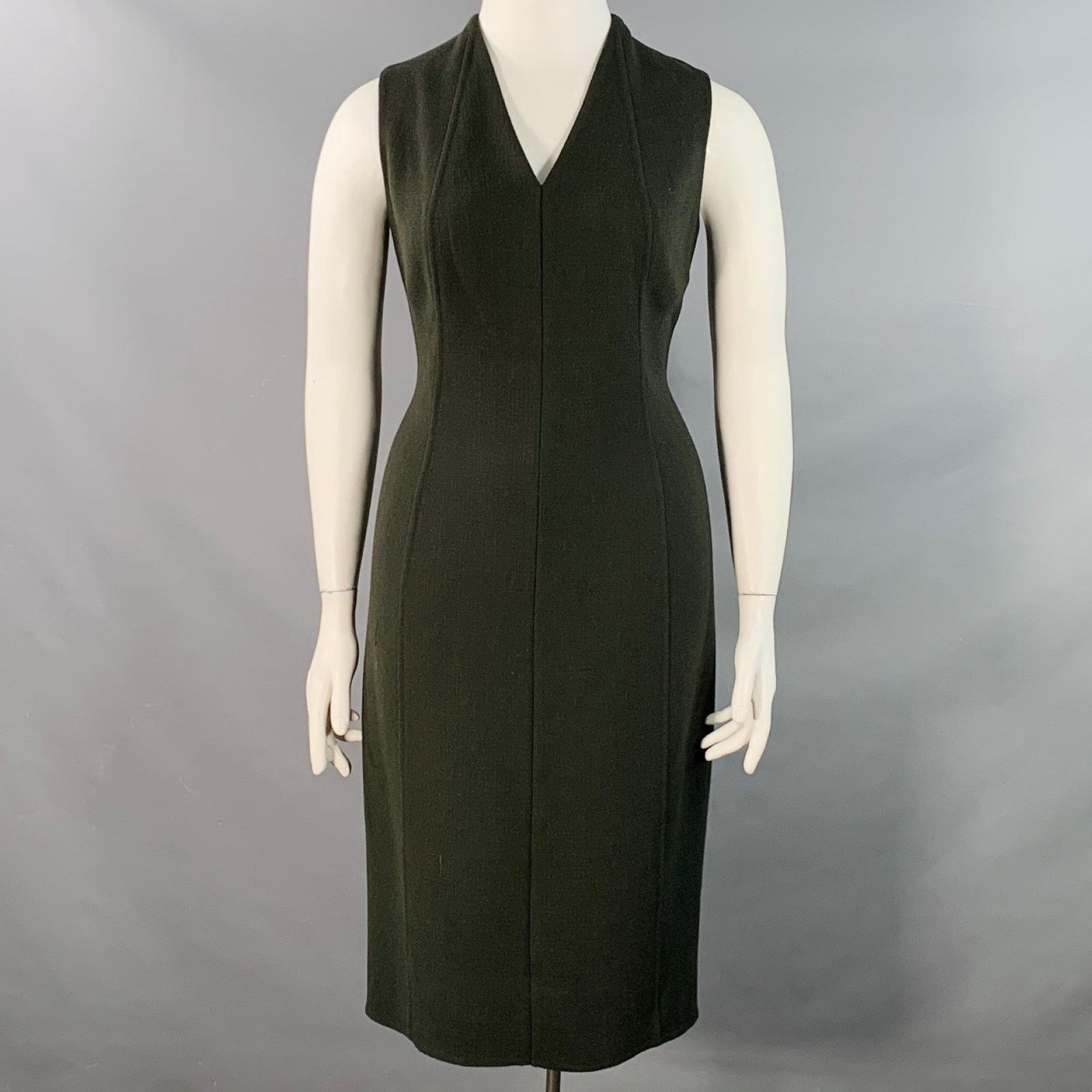 Akris AKRIS 12 Dark Green Wool Crepe Sleeveless V-Neck Midi Dress Size XL / US 12-14 / IT 48-50 - 1 Thumbnail