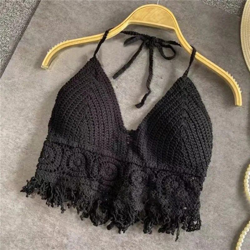 Other Black Handmade Crochet Lace Halter Bralette Top, Crop Top Size ONE SIZE - 1 Thumbnail