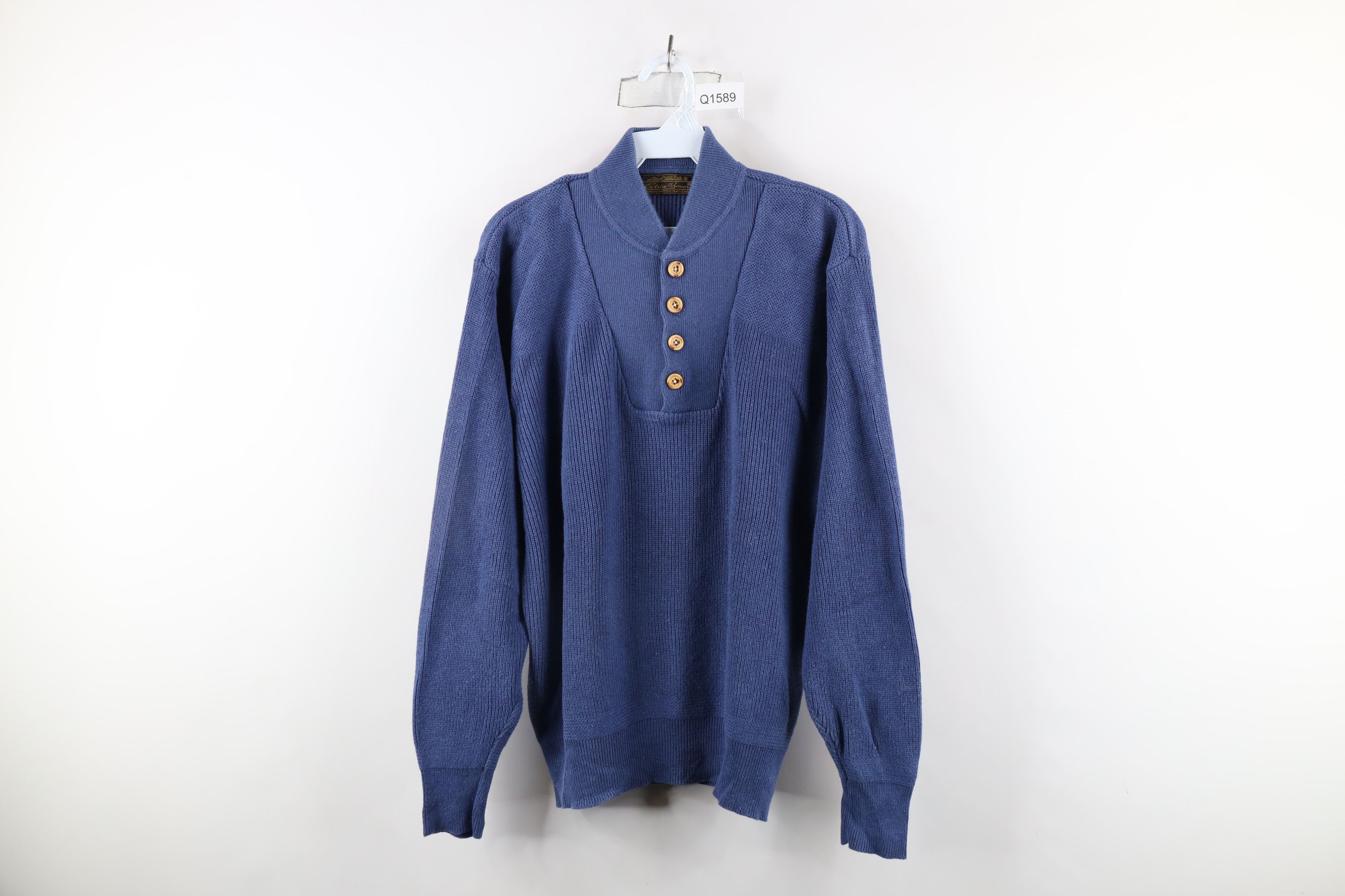 Eddie Bauer × Vintage Vintage 90s Eddie Bauer Ribbed Knit Henley Sweater Blue Size US M / EU 48-50 / 2 - 1 Thumbnail