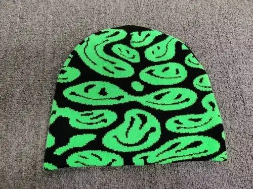 Japanese Brand Trippy Smiley Acid Emoji Graphic No Cuff Beanie Hat Black Size ONE SIZE - 1 Thumbnail