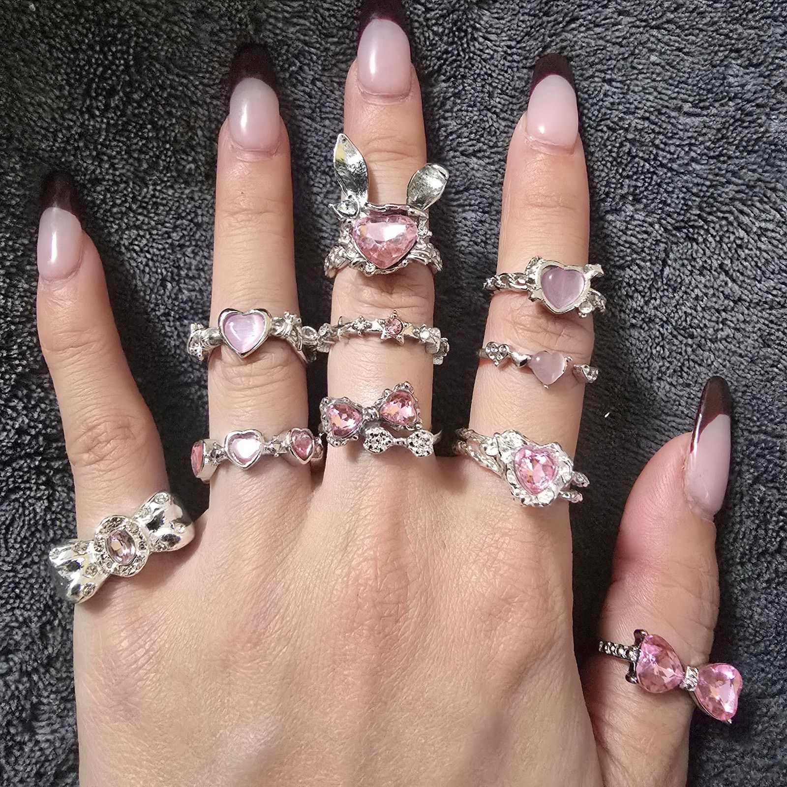 Other 10x Goth Emo Punk Pink & Silver Fashion Rings [Adjustable] Size ONE SIZE - 1 Thumbnail