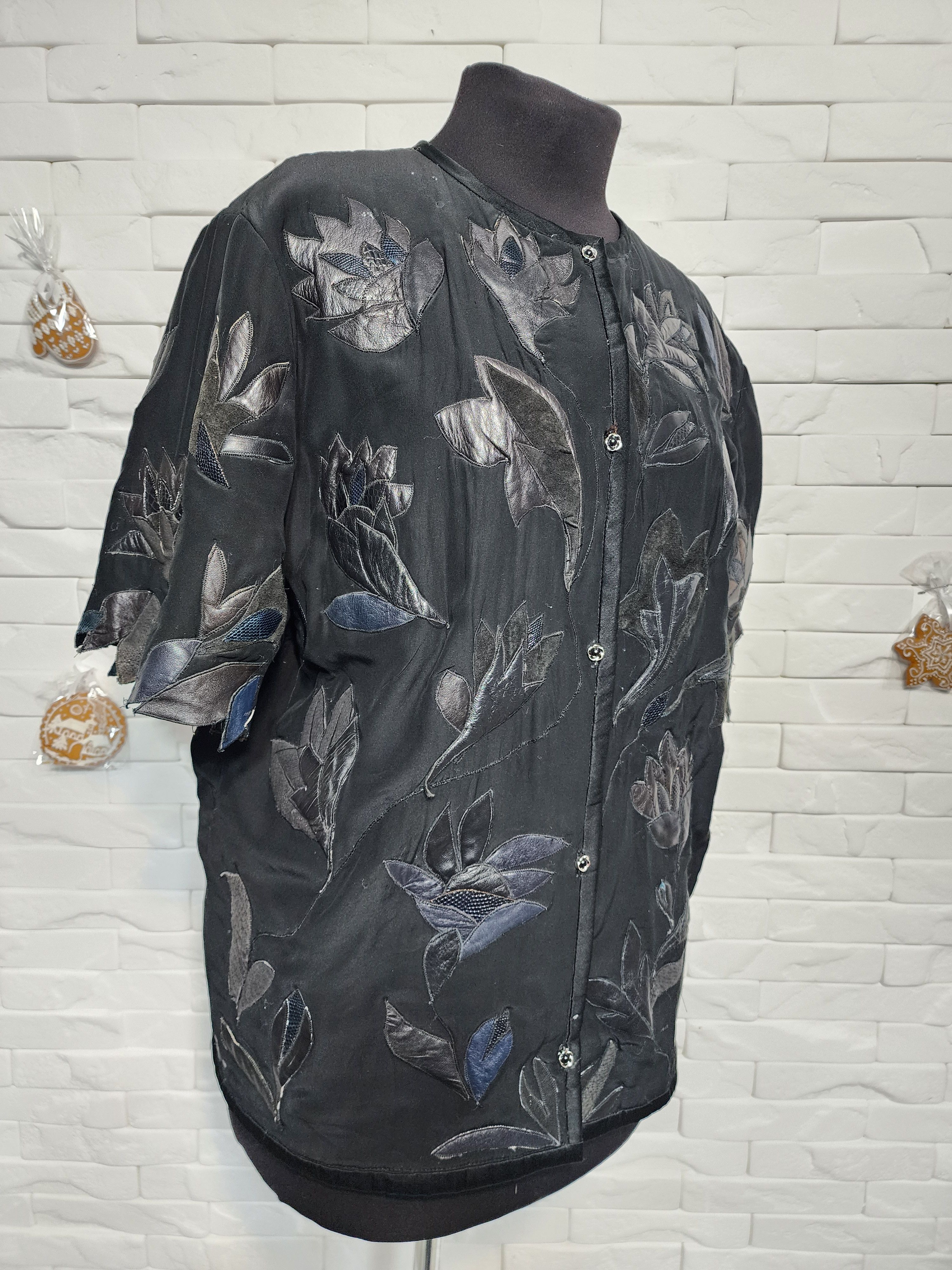 Other Black Blazer with Leather Flowers - Women's Polyester Jacket Size XL / US 12-14 / IT 48-50 - 3 Thumbnail