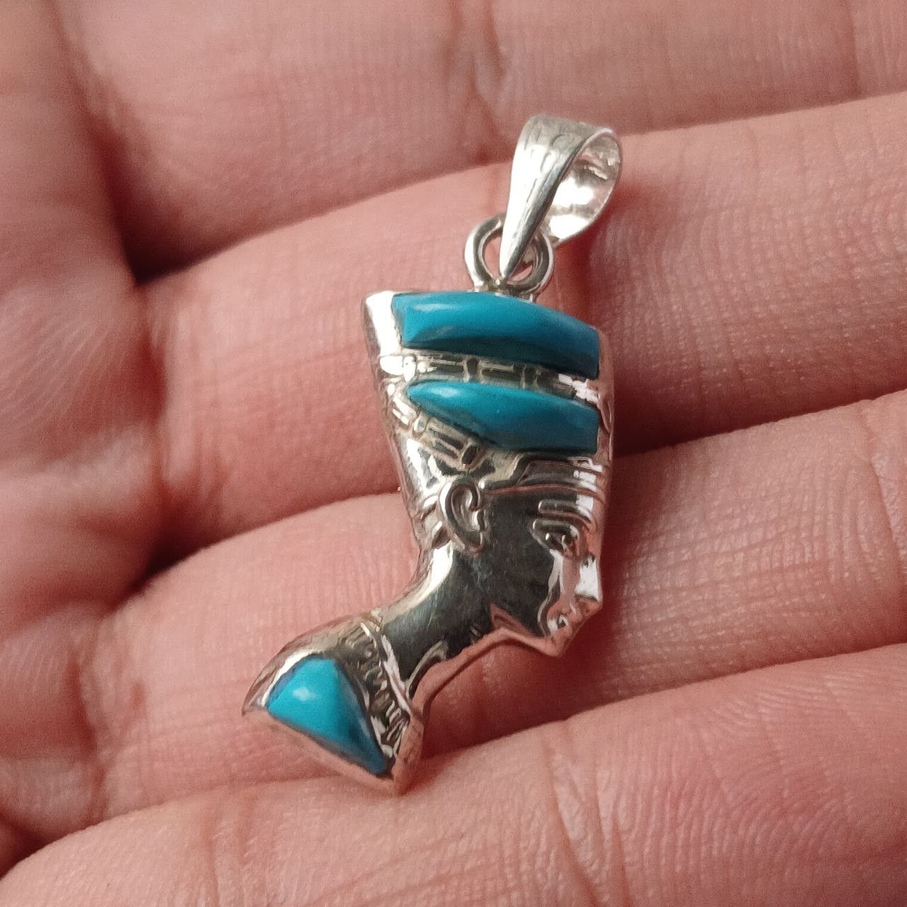 Sterling Silver 925 Silver Nefertiti Pendant with Lapis & Turquoise Egyptian Size ONE SIZE - 7 Thumbnail