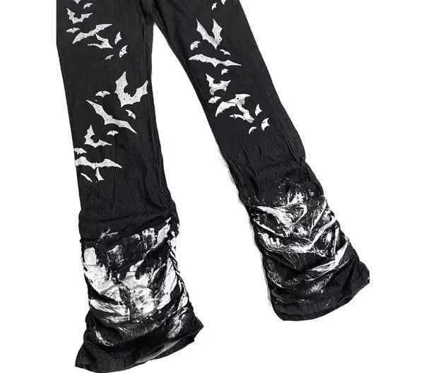VIBE Washed distressed pleated micro-flare bat-print jeans Size US 32 / EU 48 - 4 Thumbnail