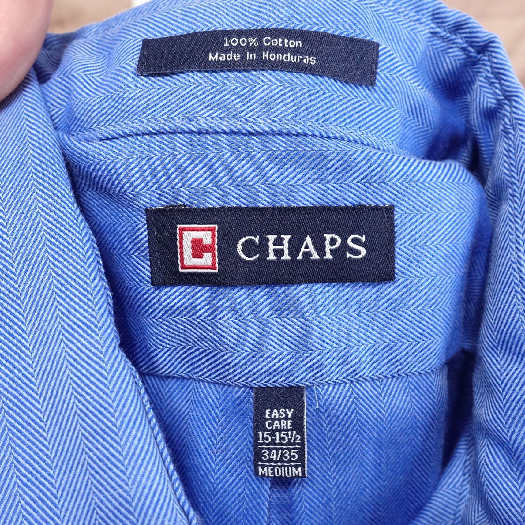 Chaps Vintage Chaps Men's Dress Shirt - Blue Herringbone, Cotton, Regular Fit, Long Sleeve, Collared, Button-Front, Size 15.5 Size 40R - 6 Thumbnail