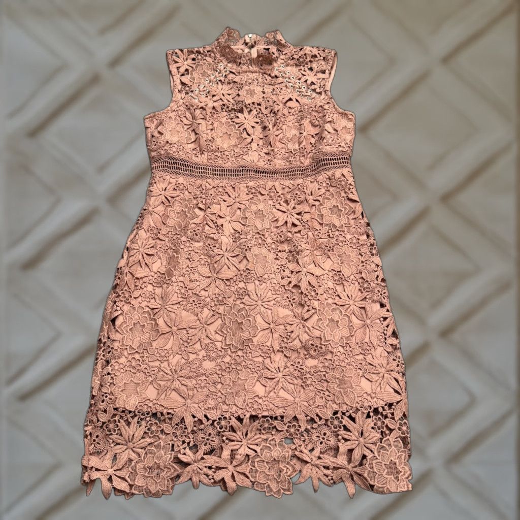 Neiman Marcus Bardot Floral Lace Mock Neck Sheath Dress Women 8 Blush Pink Sleeveless Cocktail Black Knit Zoned Sleeve Strappy? Size L / US 10 / IT 46 - 1 Thumbnail
