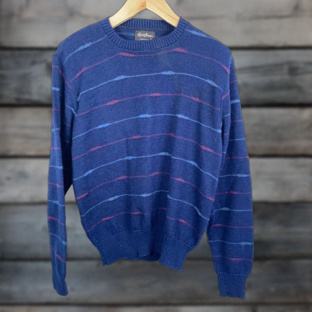 Vintage VINTAGE Reed St. James Sweater Men's M (Large Tag) Blue Light Knit 80s Striped Crew Neck Pullover Casual Warm Size US M / EU 48-50 / 2 - 1 Thumbnail