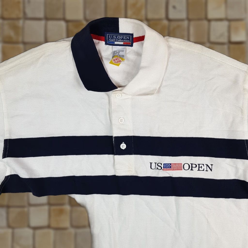 Vintage VINTAGE US Open Polo Shirt Striped Golf Polo Men's L White 100% Cotton Short Sleeve Button Collared Shirt 90s Preppy Vintage Shirt Mens Size US L / EU 52-54 / 3 - 1 Thumbnail