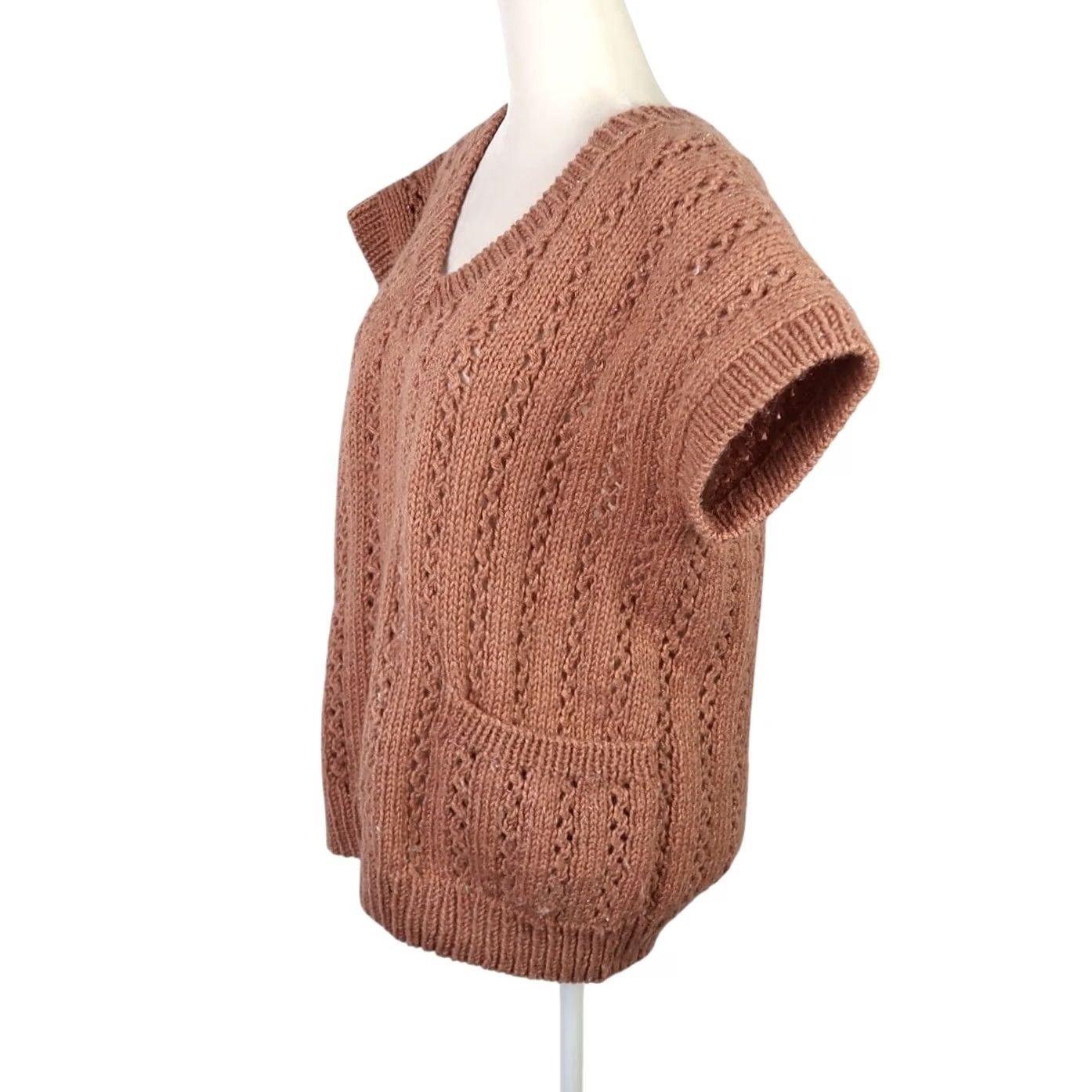 Vintage VINTAGE 80s Tan Brown Short Sleeve Knit Sweater Vest L Women's V-Neck Pullover Acrylic Pocket Size L / US 10 / IT 46 - 3 Thumbnail