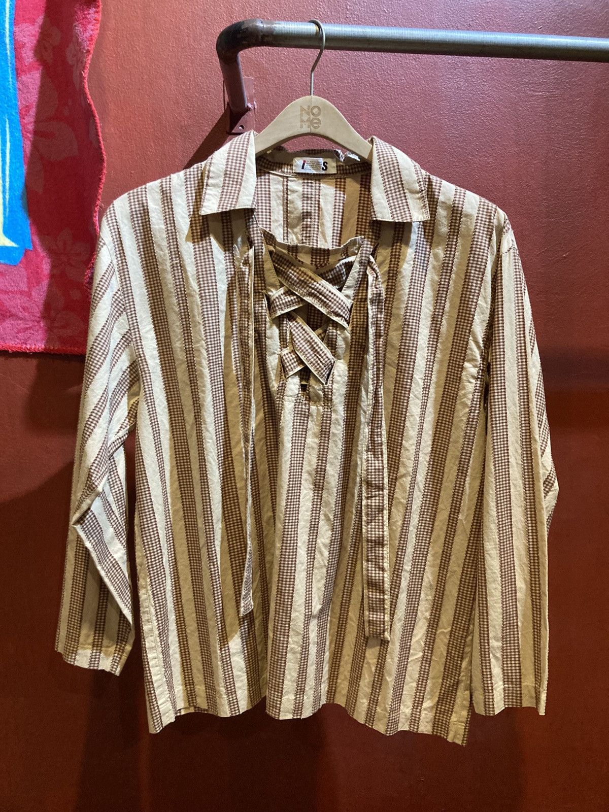 Issey Miyake 80s Issey Miyake Lace Up Striped Shirt Size L / US 10 / IT 46 - 1 Thumbnail