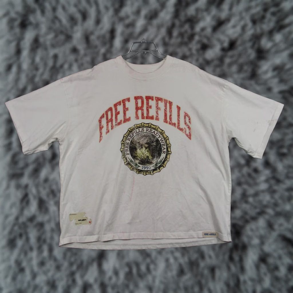Vintage Free Refills Shirt Mens 2XL White Rhinestone Readywear 1990 Graphic Tee T-Shirt Size US XXL / EU 58 / 5 - 1 Thumbnail