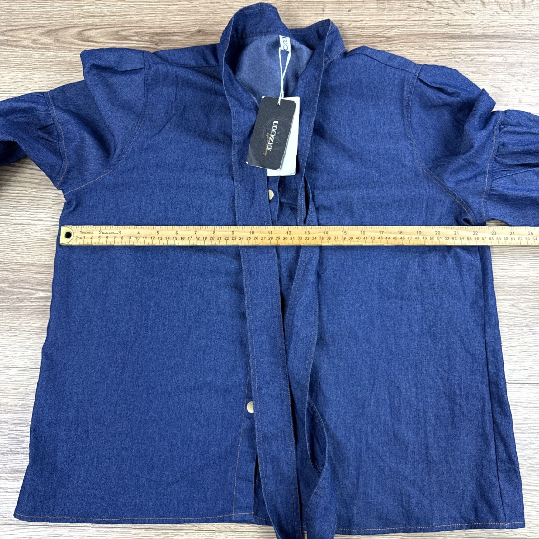 Vintage Uoozee Blouse Puff Sleeve Bow Buttoned Split-Joint High Neck Denim 100% Cotton Sz 3XL Womens Blue Size XXL / US 16-18 / IT 52-54 - 3 Thumbnail