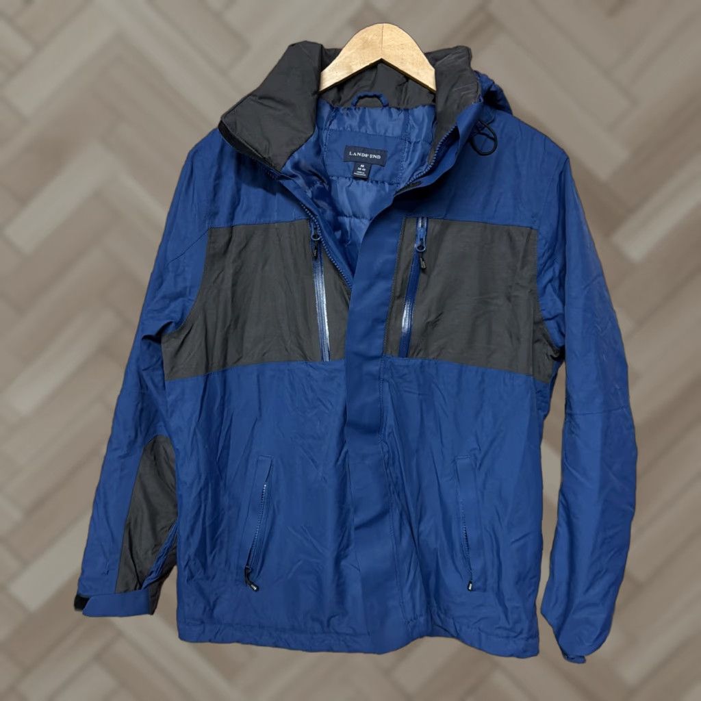 Lands' End Lands' End Jacket Mens M Blue Insulated Full Zip Windbreaker, Stand-Up Collar, Regular Fit, Nylon Shell, Fleece Lining, Gray / Blue Size US M / EU 48-50 / 2 - 1 Thumbnail