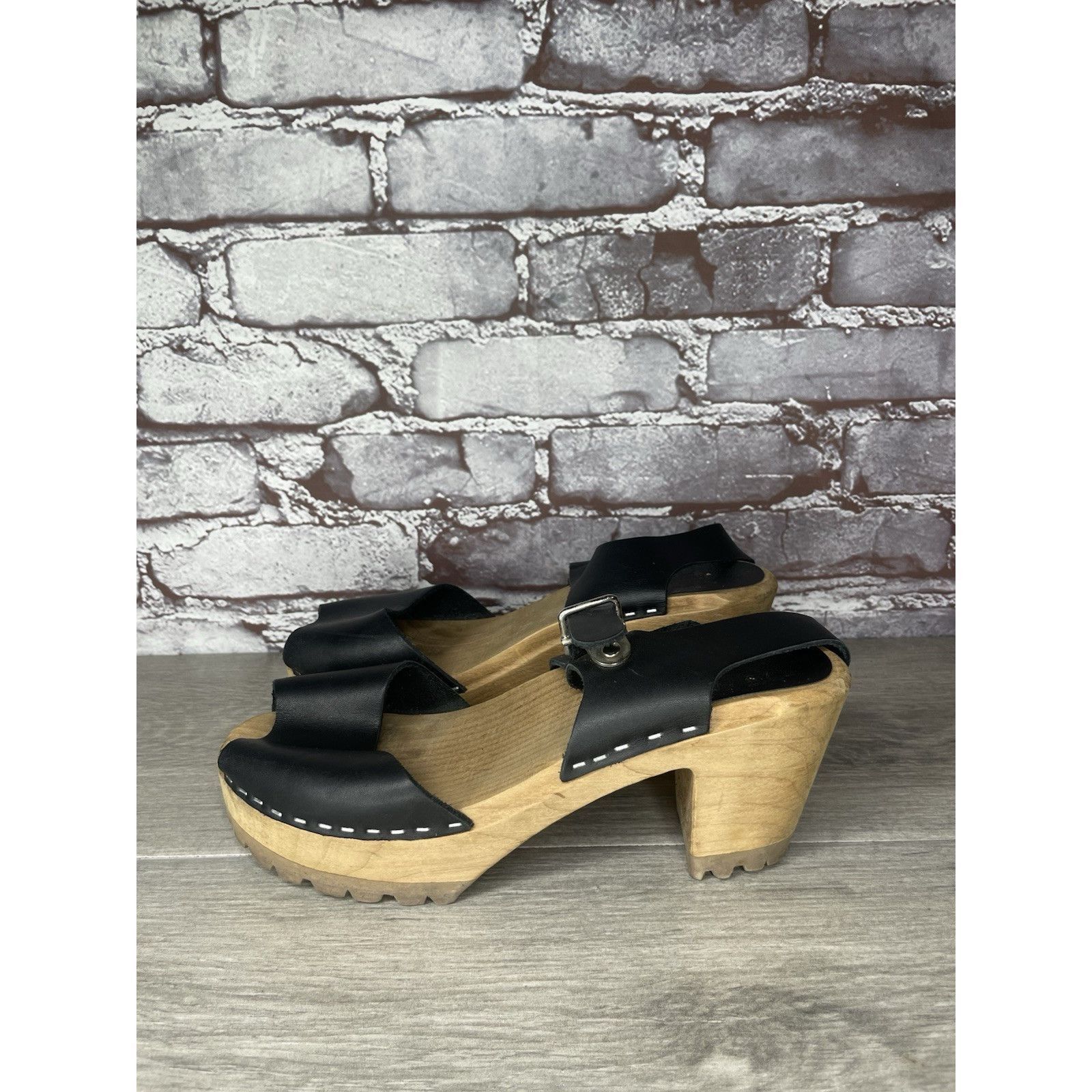 Swedish Hasbeens Swedish Hasbeens Black Leather Wooden Heel Peep Toe Ankle St Size US 7.5 / IT 37.5 - 18 Thumbnail