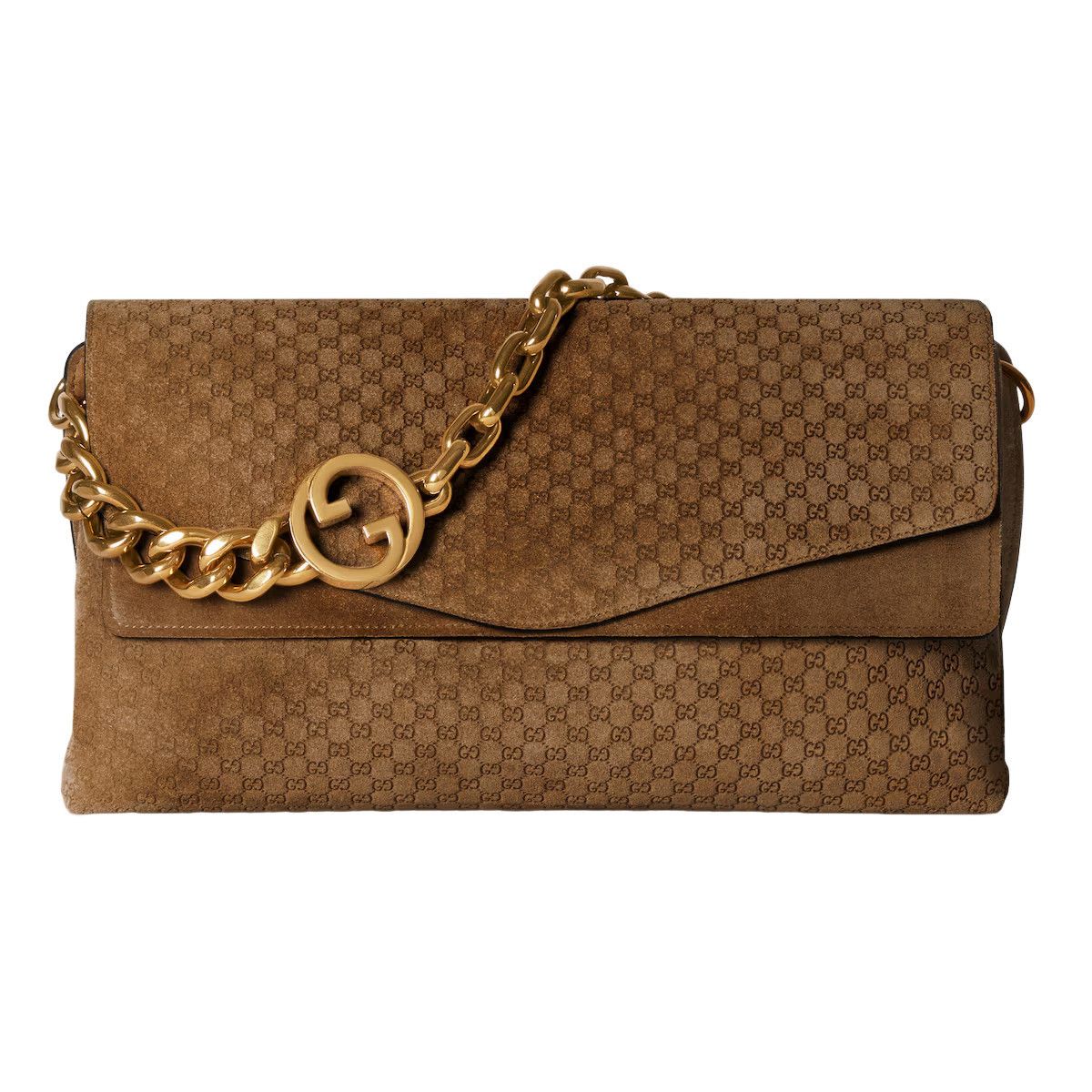 GUCCI $4600 Brown GG Suede Large With Chain Shoulder Bag New