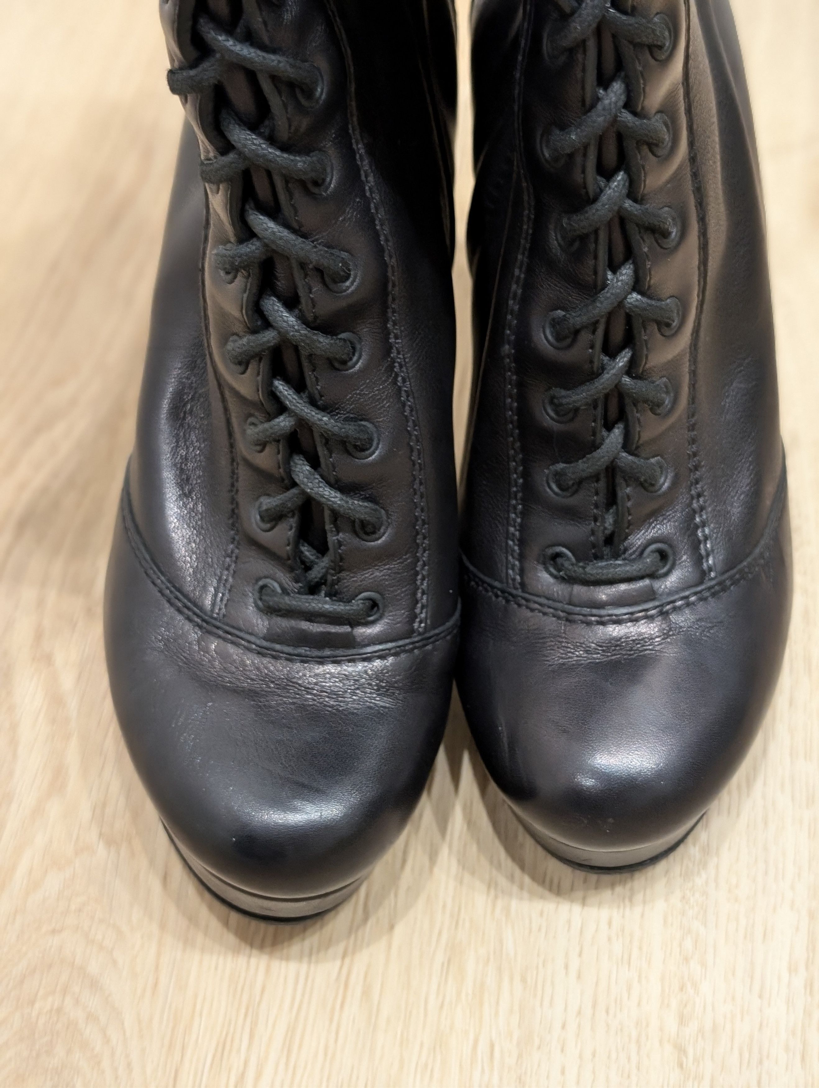 Gucci GUCCI Black Leather Wool Rrib Knee Platform Boots Lace Up Size US 4.5 / IT 34.5 - 10 Thumbnail