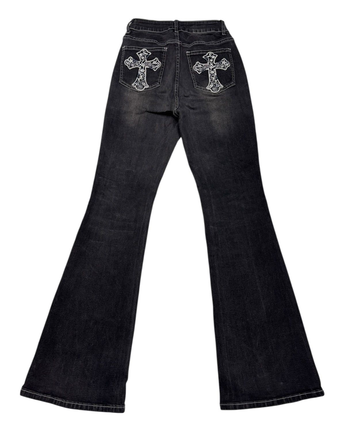 Le Grande Bleu (L.G.B.) 🔥VINTAGE FLARED JEANS CROSS INSPIRED CHROME HEART JEANS Size 23" - 1 Thumbnail