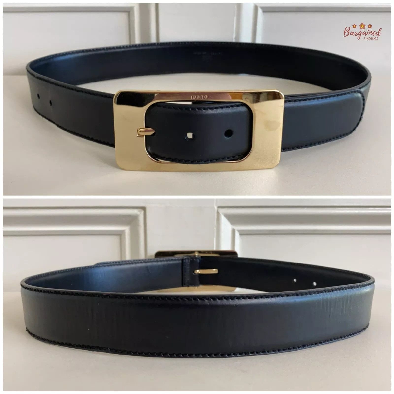 Gucci Gucci Black Calfskin Leather Gold Large Square Buckle Belt Size 30 - 7 Thumbnail