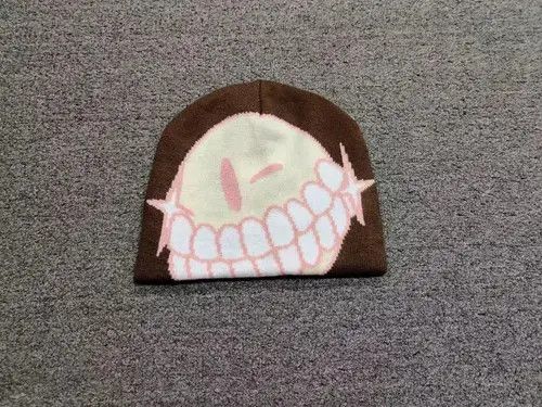 Other Throwed Emoji Smiley Graphic No Cuff Beanie Hat Brown Size ONE SIZE - 4 Thumbnail