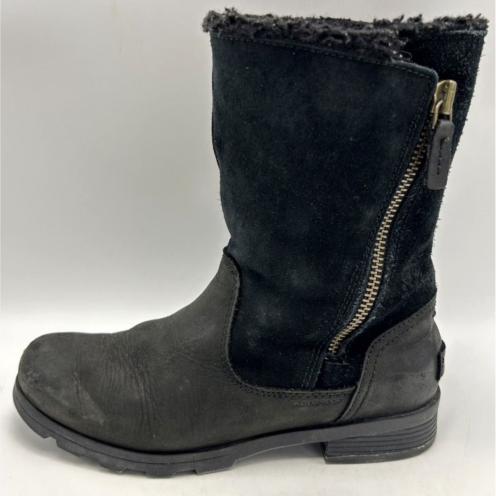 SOREL Sorel Emelie Boots Womens 6 Black Leather Winter Fur Waterproof Mid-Calf Fold Over Block Heel Size US 6 / IT 36 - 2 Thumbnail