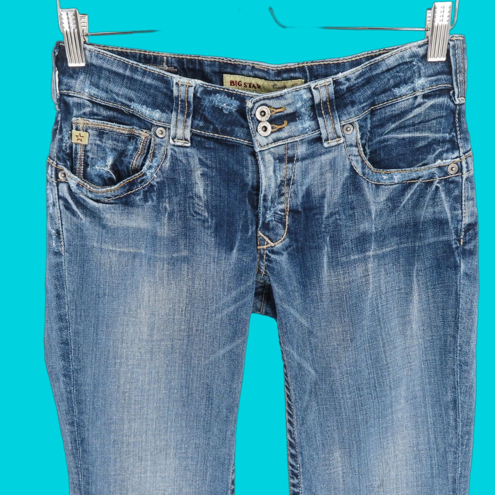 Denime Big Star Casey K Low Rise Distressed Stonewash Denim Blue Jeans Pants Women 28 Regular 5-Pocket Design Bootscut Size 28" / US 6 / IT 42 - 1 Thumbnail