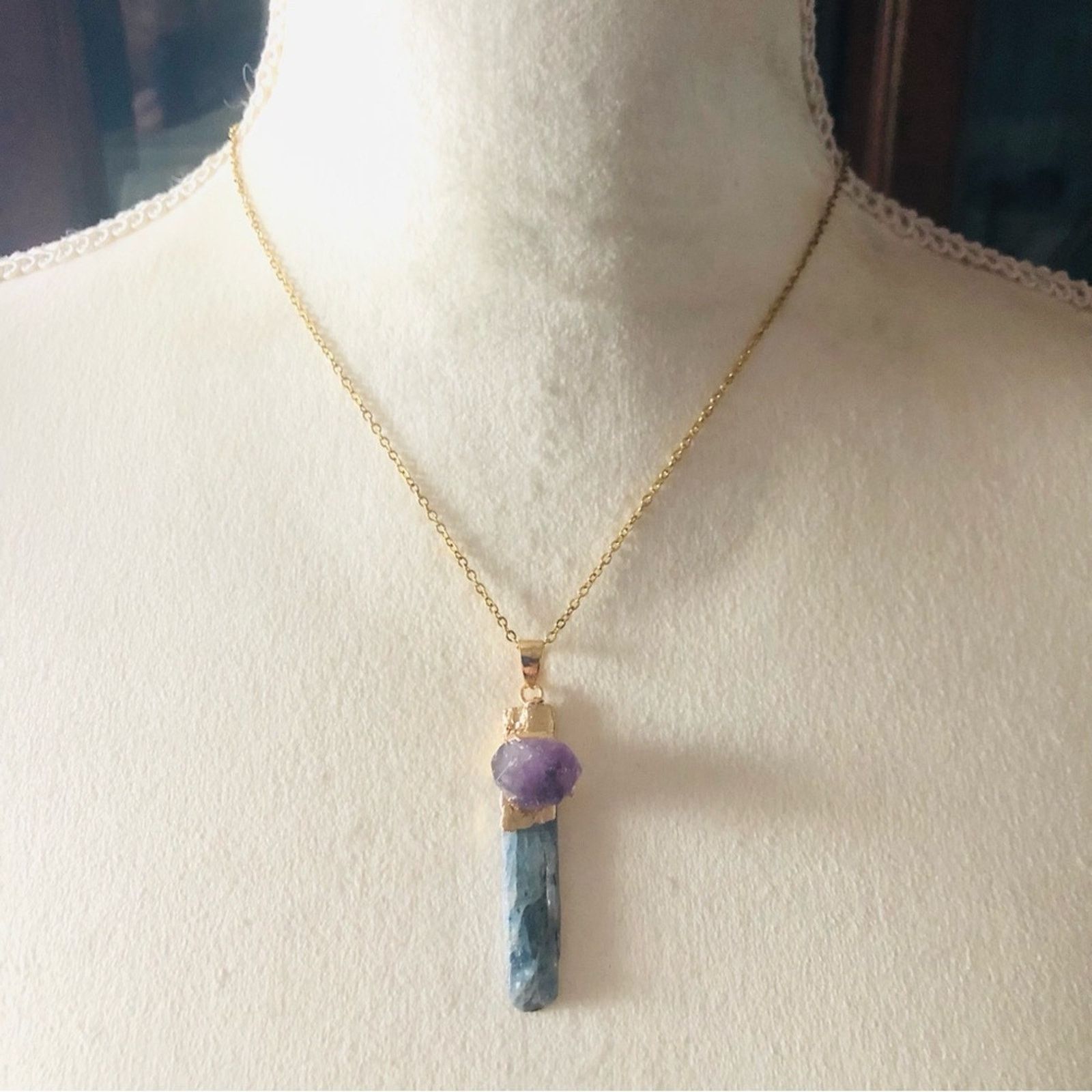 Handmade Handcrafted genuine kyanite and amethyst quartz necklace Size ONE SIZE - 8 Thumbnail