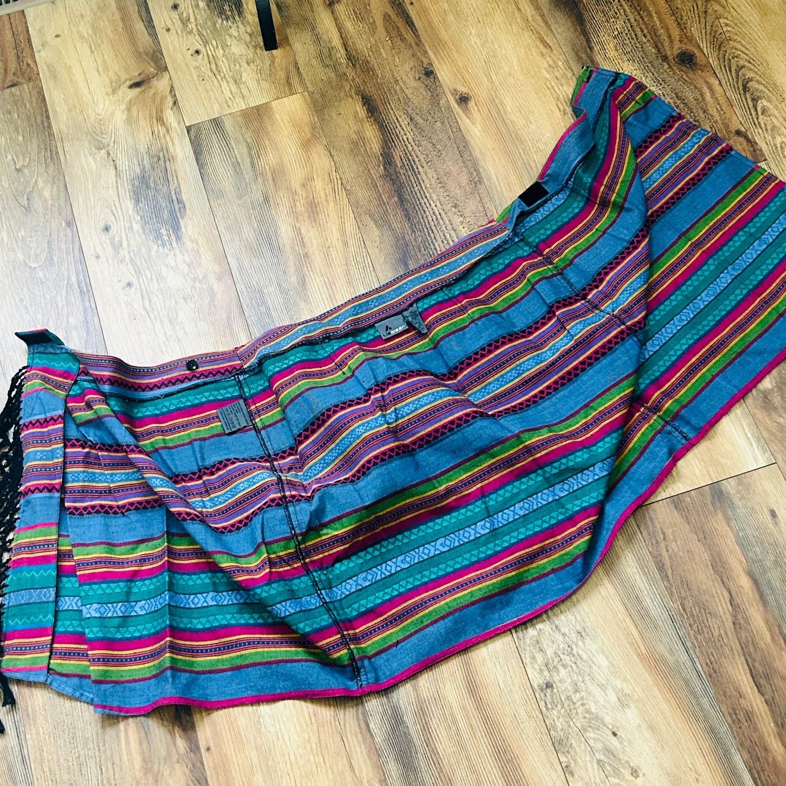 Vintage 90s Vintage Boho Mini Skirt Striped Fringe Cotton Large Size 31" - 9 Thumbnail