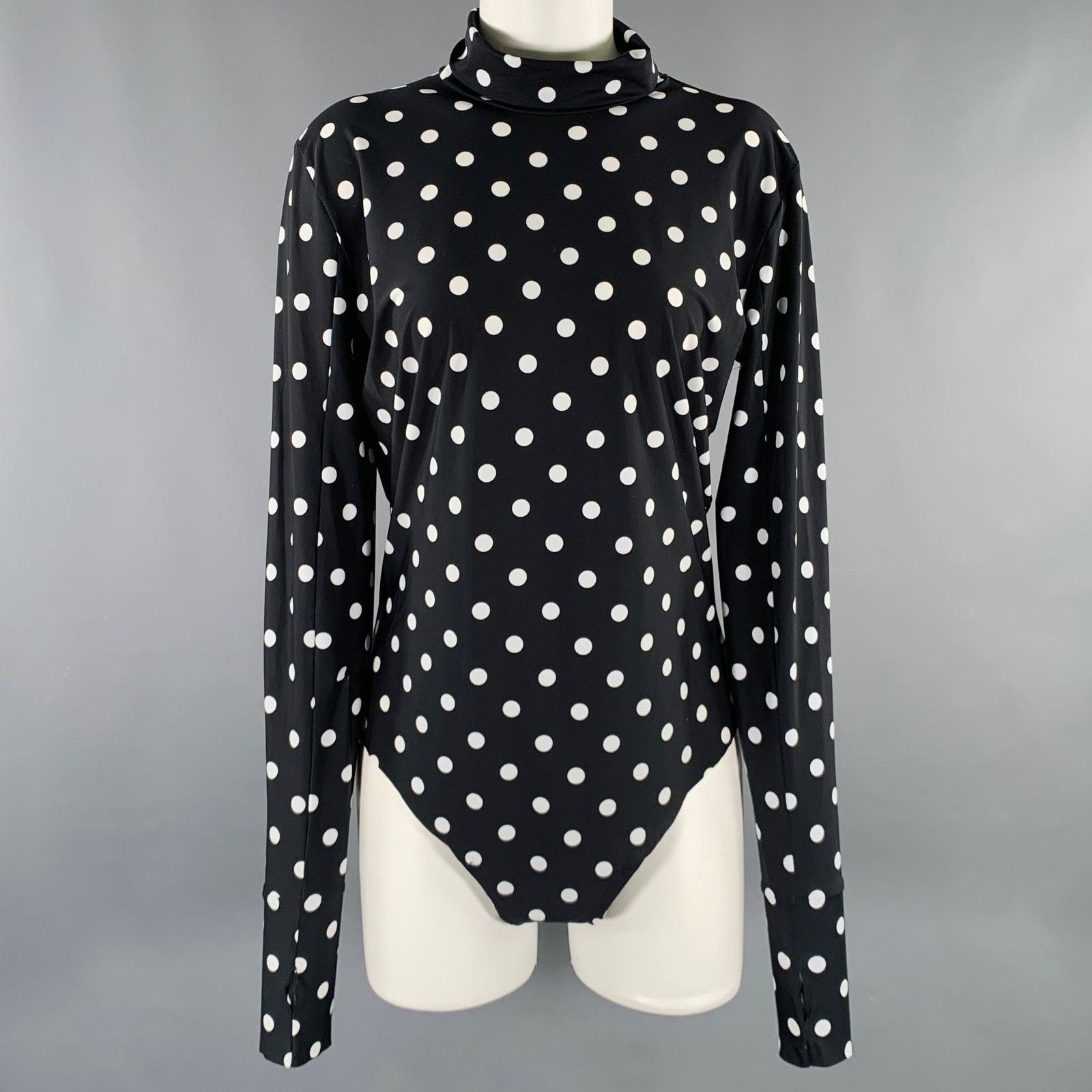 M Black White Lycra Polka Dot Bodysuit Dress Top