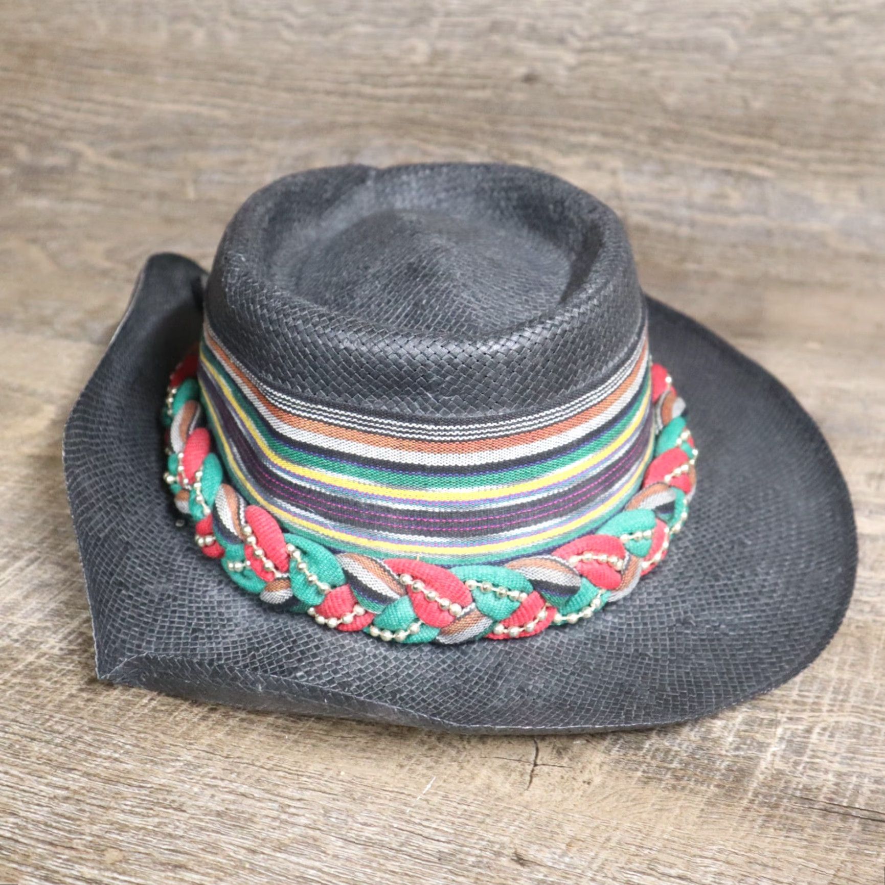 Vintage VINTAGE Hatlanta Wide Brim Straw Hat Women's One Size Black Beaded Band Summer Accessories Size ONE SIZE - 4 Thumbnail