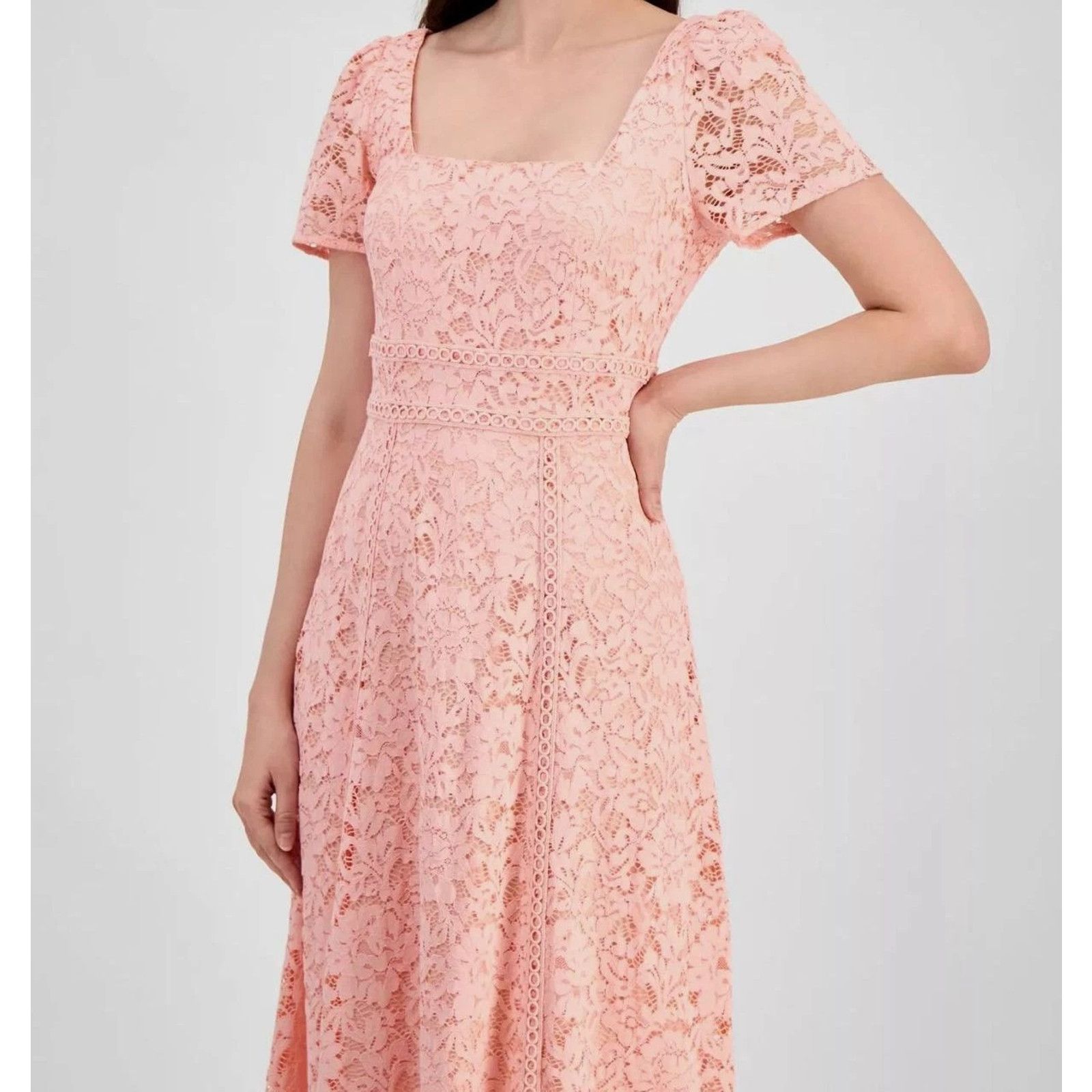Anne Klein Anne Klein Women's Pink Lace Square Neck Puff Sleeve Dress 4 Size S / US 4 / IT 40 - 4 Thumbnail