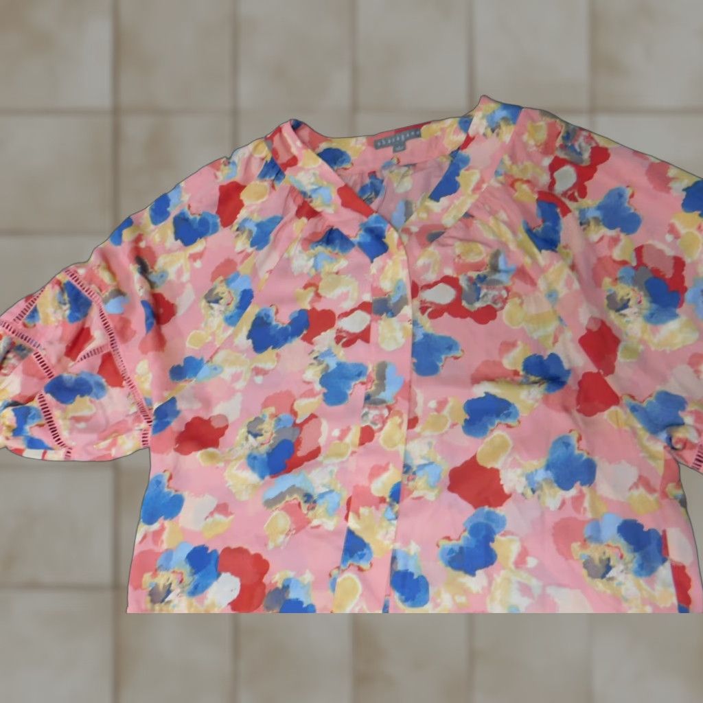 Pinko Sharagano Blouse Womens L Pink Floral 3/4 Sleeve Crew Neck Pullover Casual Polyester Stretch Vintage No Size L / US 10 / IT 46 - 1 Thumbnail