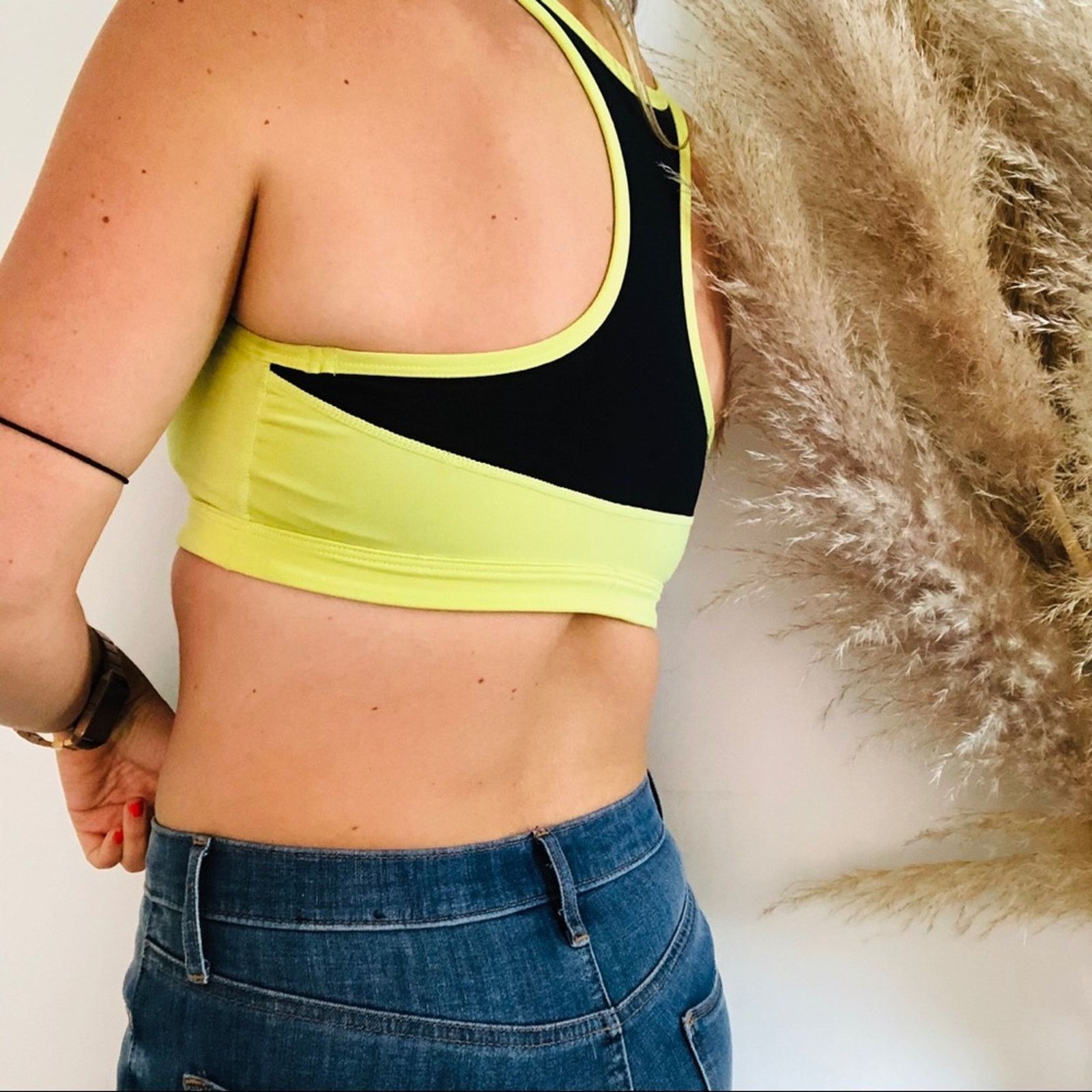 Free People PURE Yellow Black Mesh Inset Ruched Front Sports Bra Crop Size S / US 4 / IT 40 - 3 Thumbnail