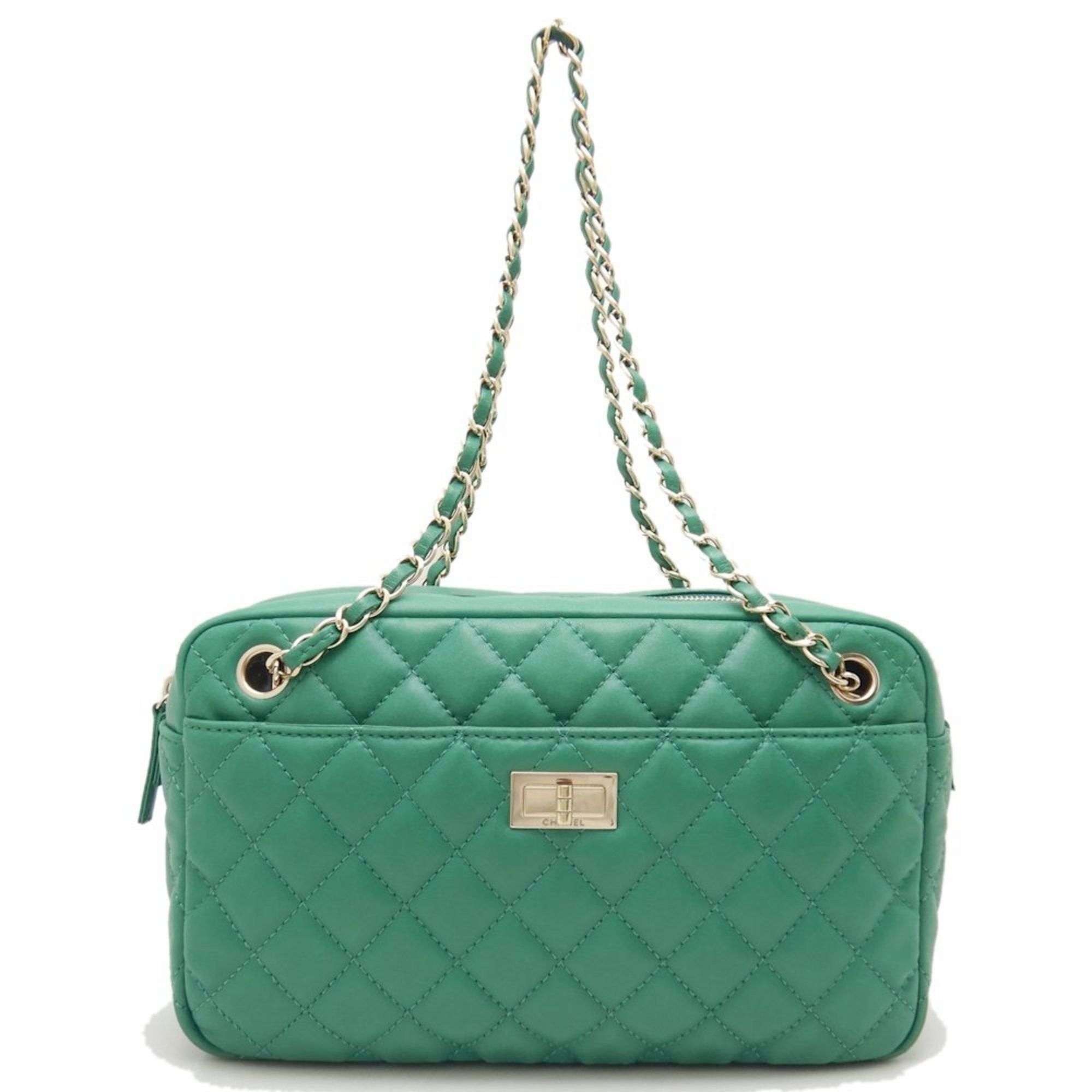 image of Chanel 2.55 Matelasse Chain Shoulder Bag Lambskin Green 251649, Women's