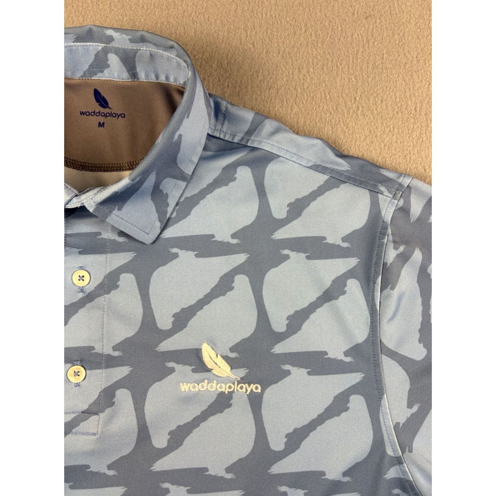 Vintage Waddaplaya Golf Sidekick Polo Shirt Mens M Blue Feather Print Performance AOP Polo Shirt Size US M / EU 48-50 / 2 - 2 Thumbnail
