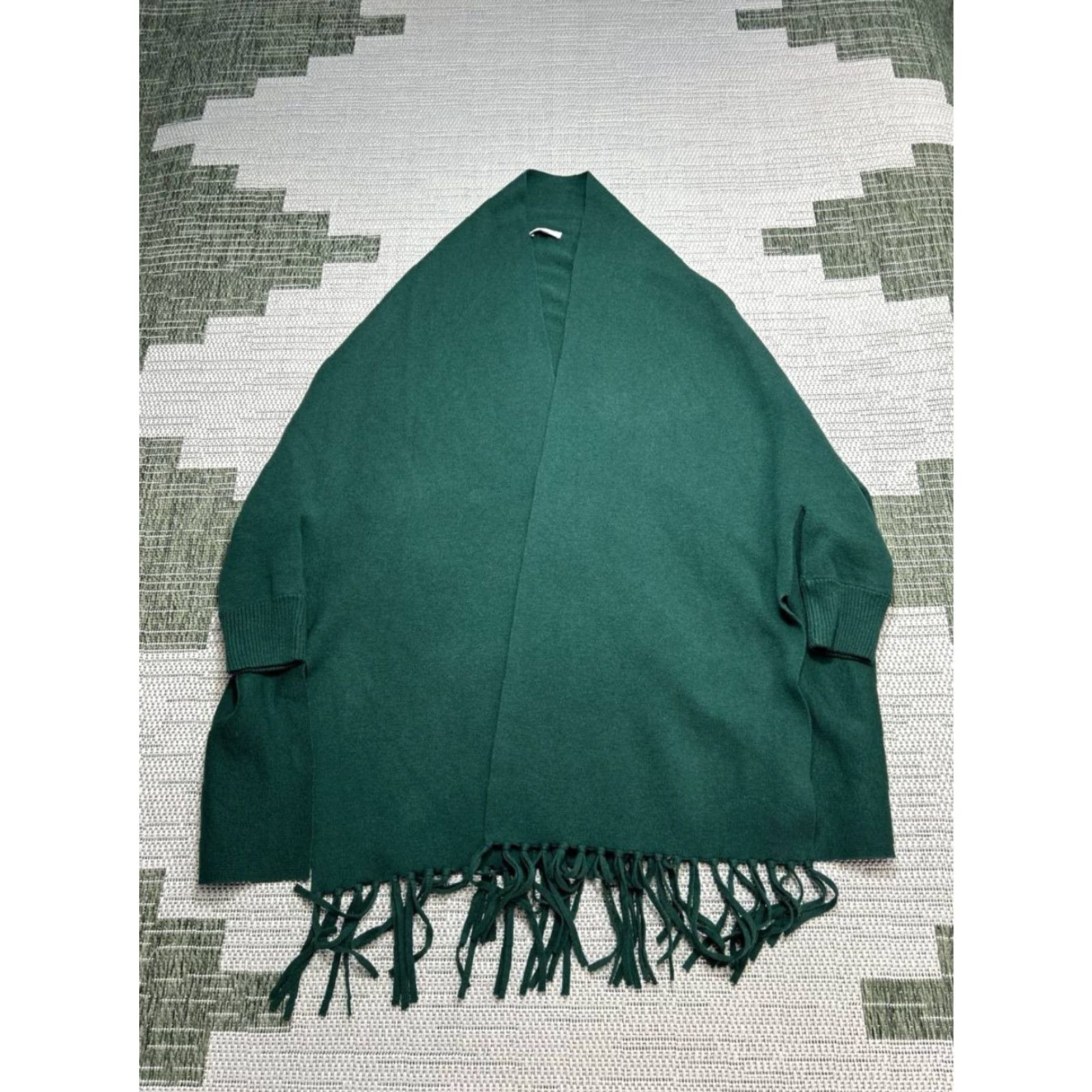 Sandro Sandro Sweater Cape One Size Womens Green Knit Fringe Open Front V-Neck Casual Winter Size ONE SIZE - 2 Thumbnail