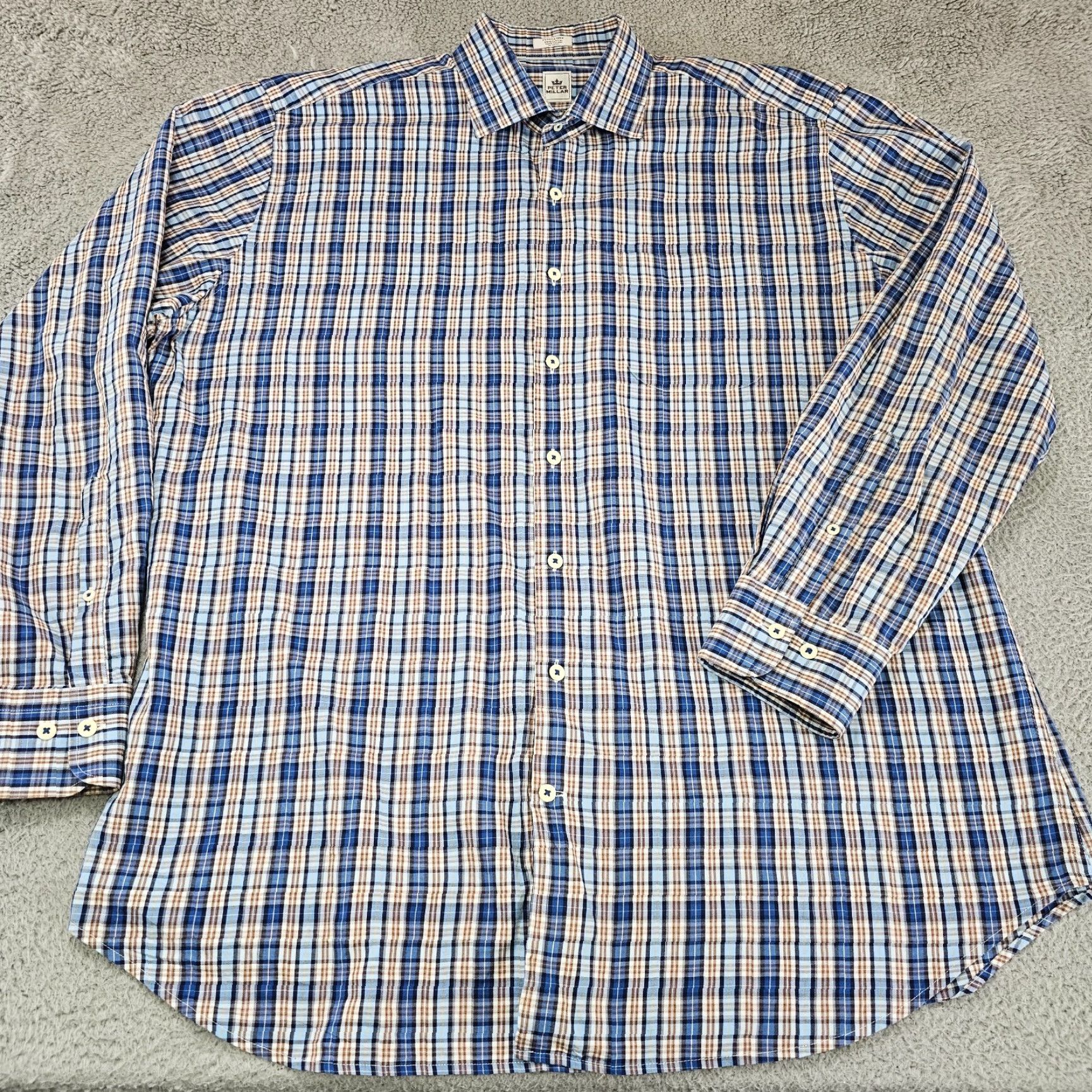 Peter Millar Peter Millar Shirt Mens Size XL Blue Brown Check Long Sleeve Button Up Size US XL / EU 56 / 4 - 2 Thumbnail