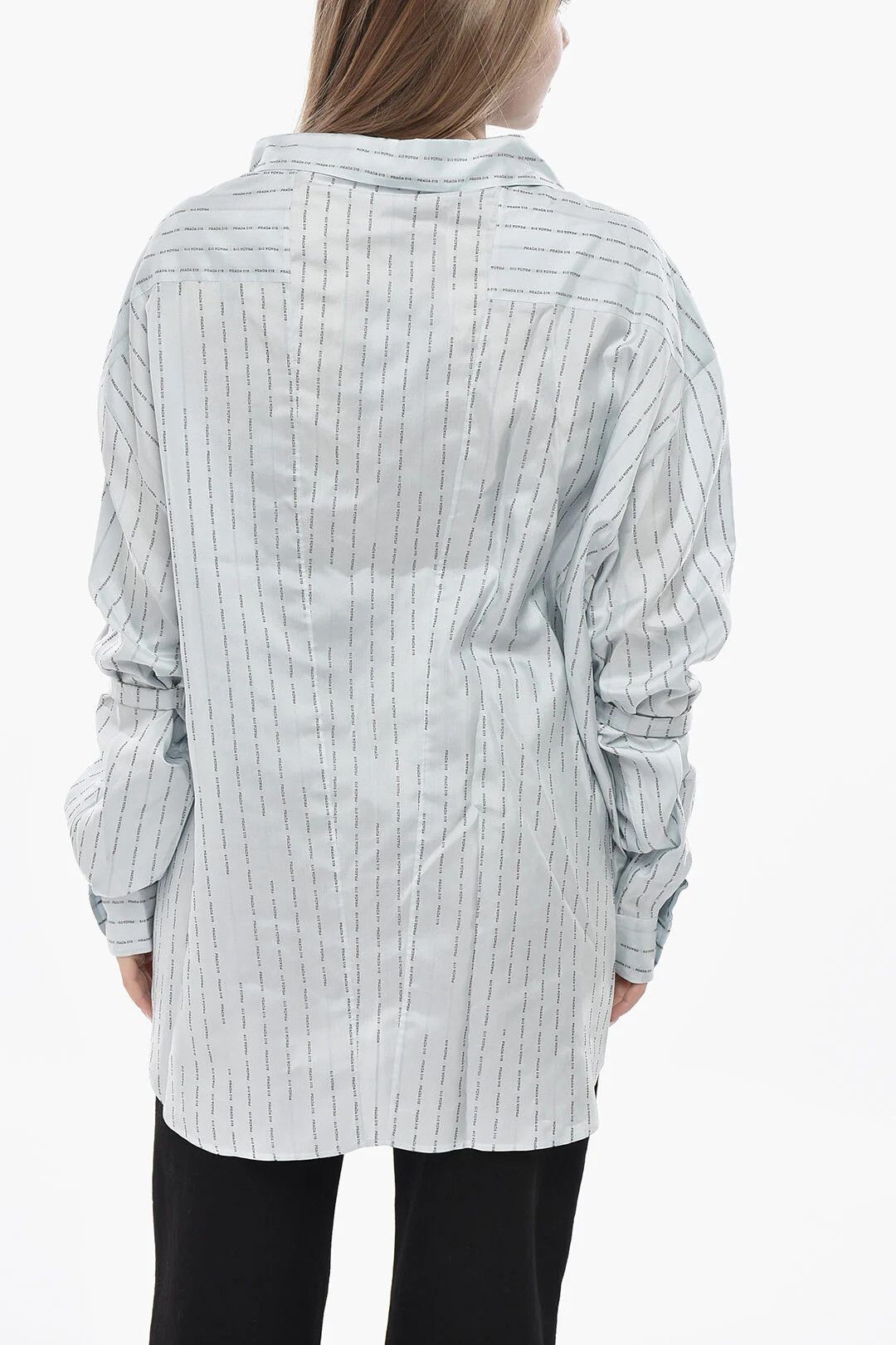 Prada og1mm0426 Monogram-Print Silk Shirt in Light Blue Size M / US 6-8 / IT 42-44 - 2 Thumbnail